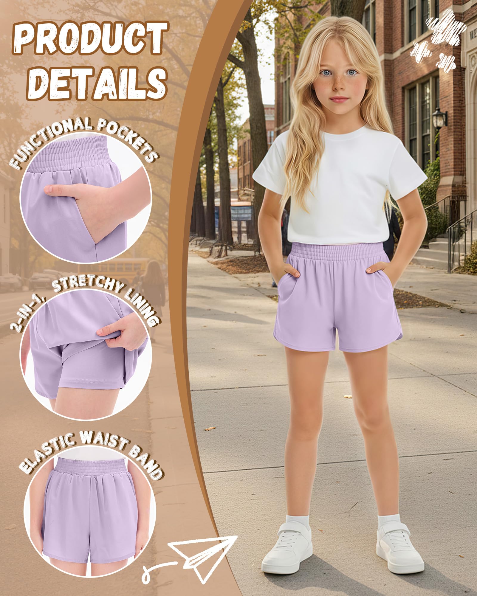 Clabby Confezione da 3 Pantaloncini Sportivi da Bambina con Fodera Interna, Ad Asciugatura Rapida e con Tasche