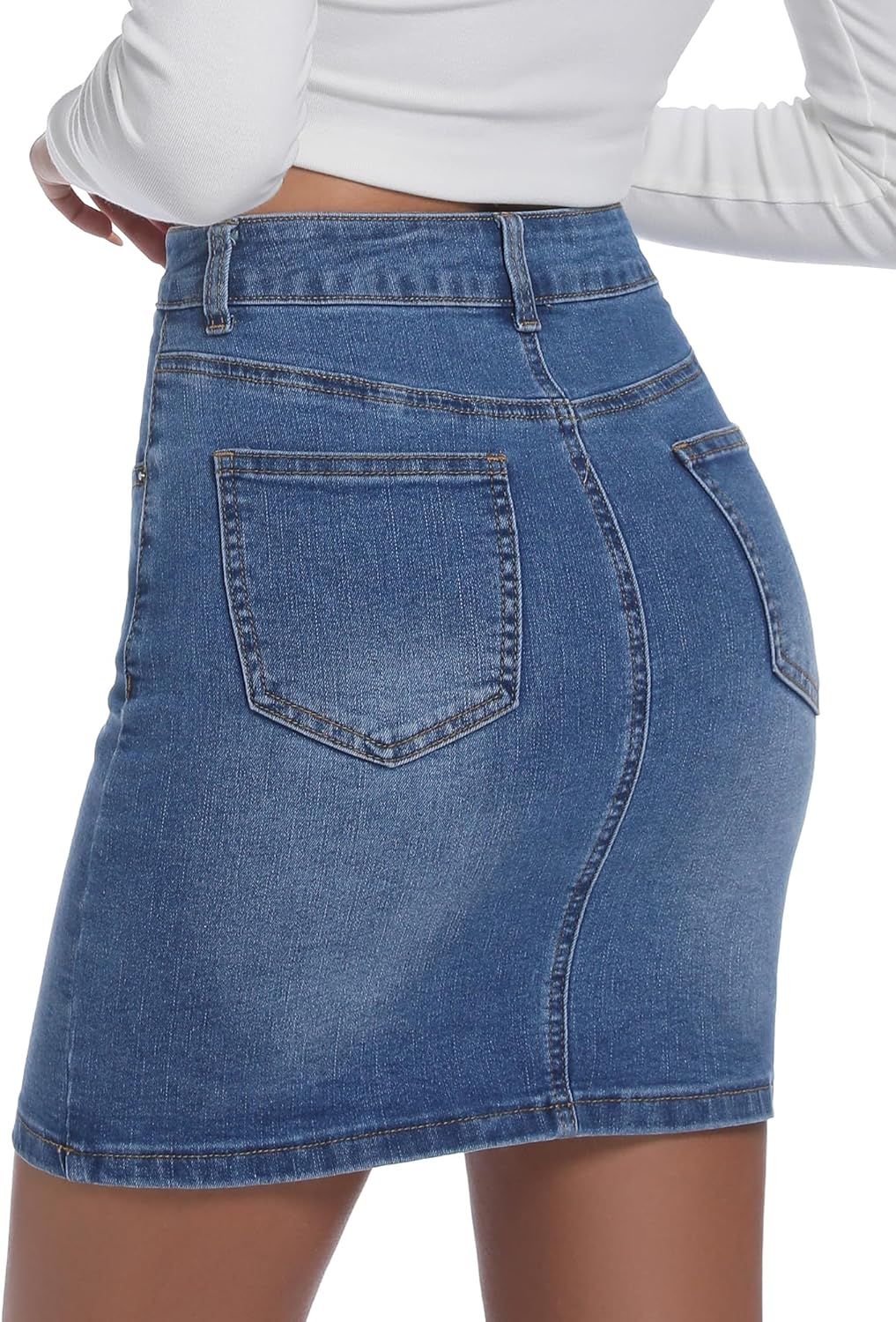 ELLEVEN Women's High-Stretch Denim Skirt,Slim Fit High Waisted Jean Skirts with Pockets - Image 2