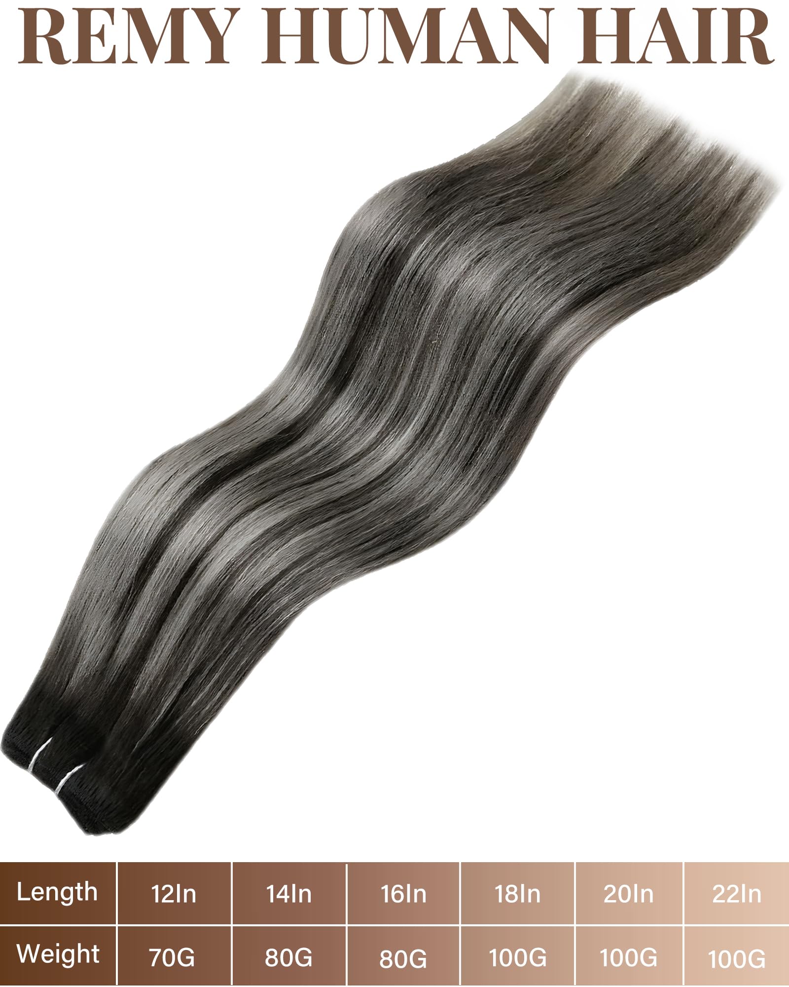 Hetto Weft Hair Extensions Real Human Hair Balayage Black Ombre Silver, Brazilian Virgin Weft Human Hair Sew in Extensions - Image 4