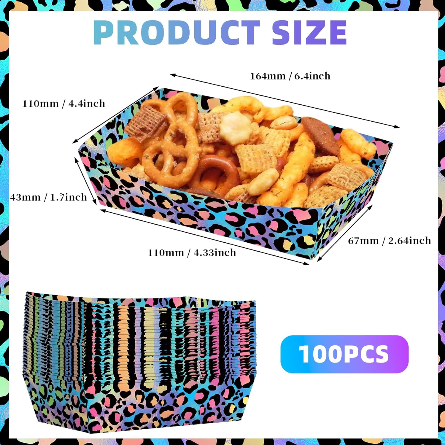 No Folding Required 100 Pack Neon Rainbow Leopard Print Cheetah Snack Tray 2 Lbs Large Disposable Paper Food Tray Paper Plates Jungle Safari Supplies Animal Print Baby Shower Party Decoration