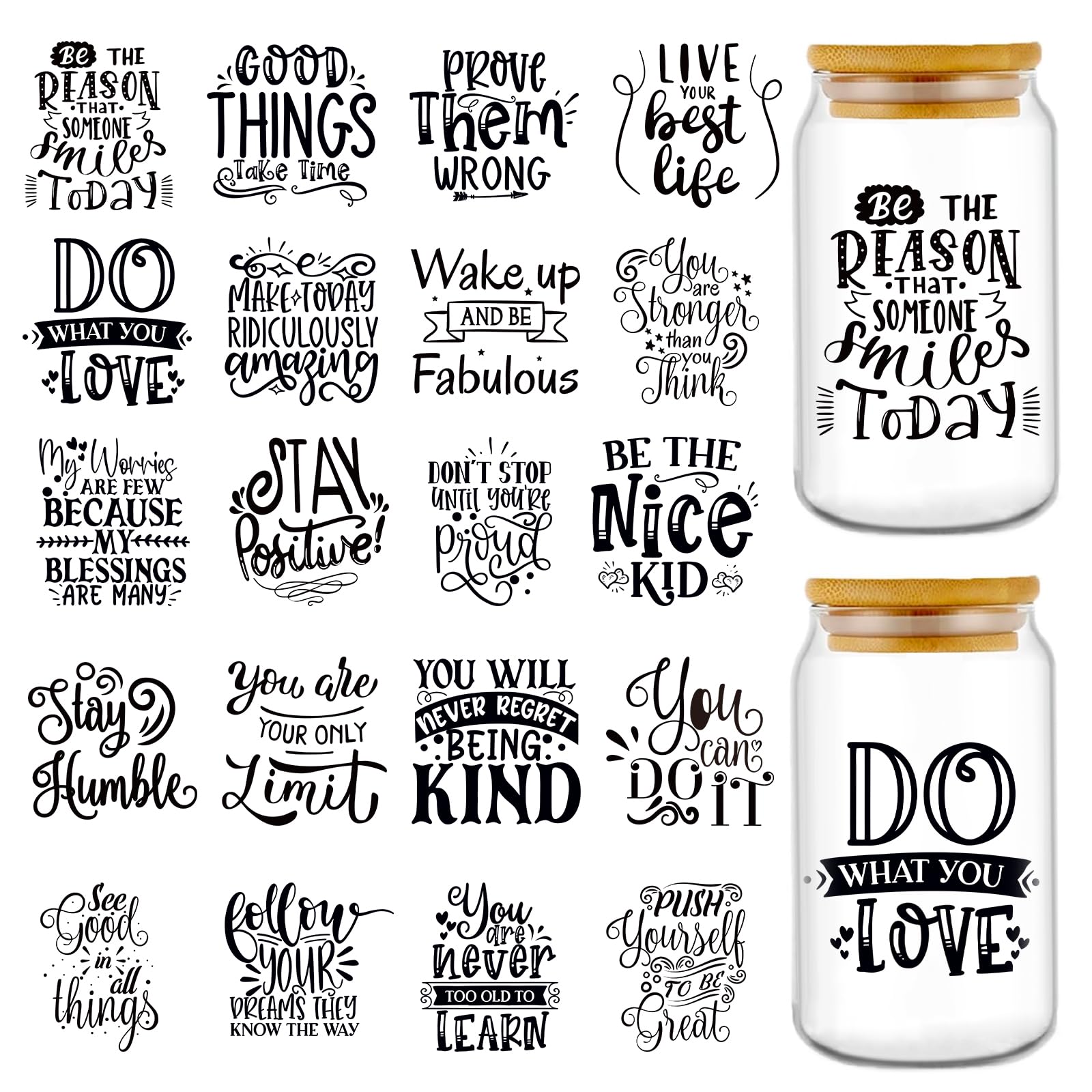 Rngmsi Inspirational UV DTF Stickers - 20 Sheets Motivational Quotes UV DTF Cup Wraps for 16 oz Glass, Black Affirmative Rub on Transfer Stickers,