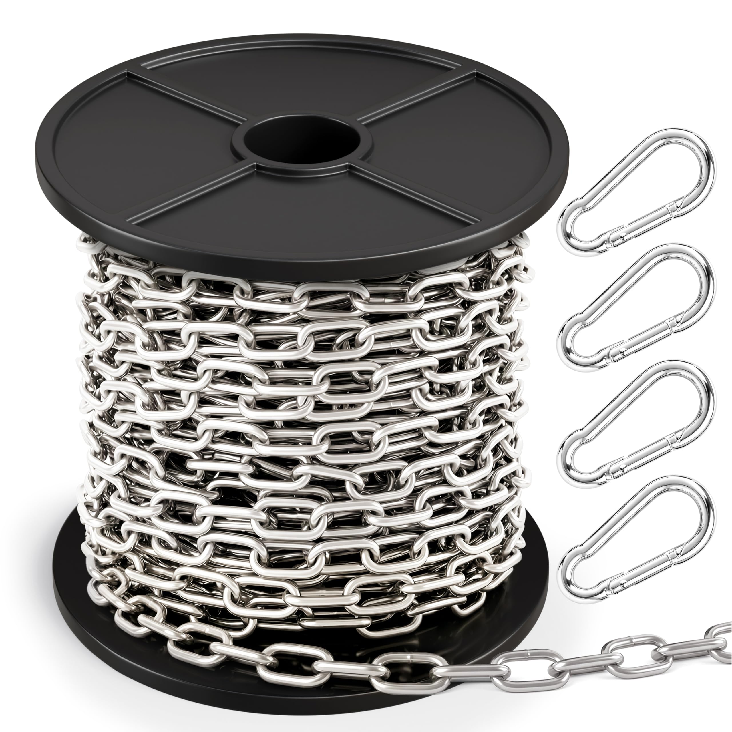 50 Feet 304 Stainless Steel Hanging Jack Chain, with 4 Spring Snap Hooks