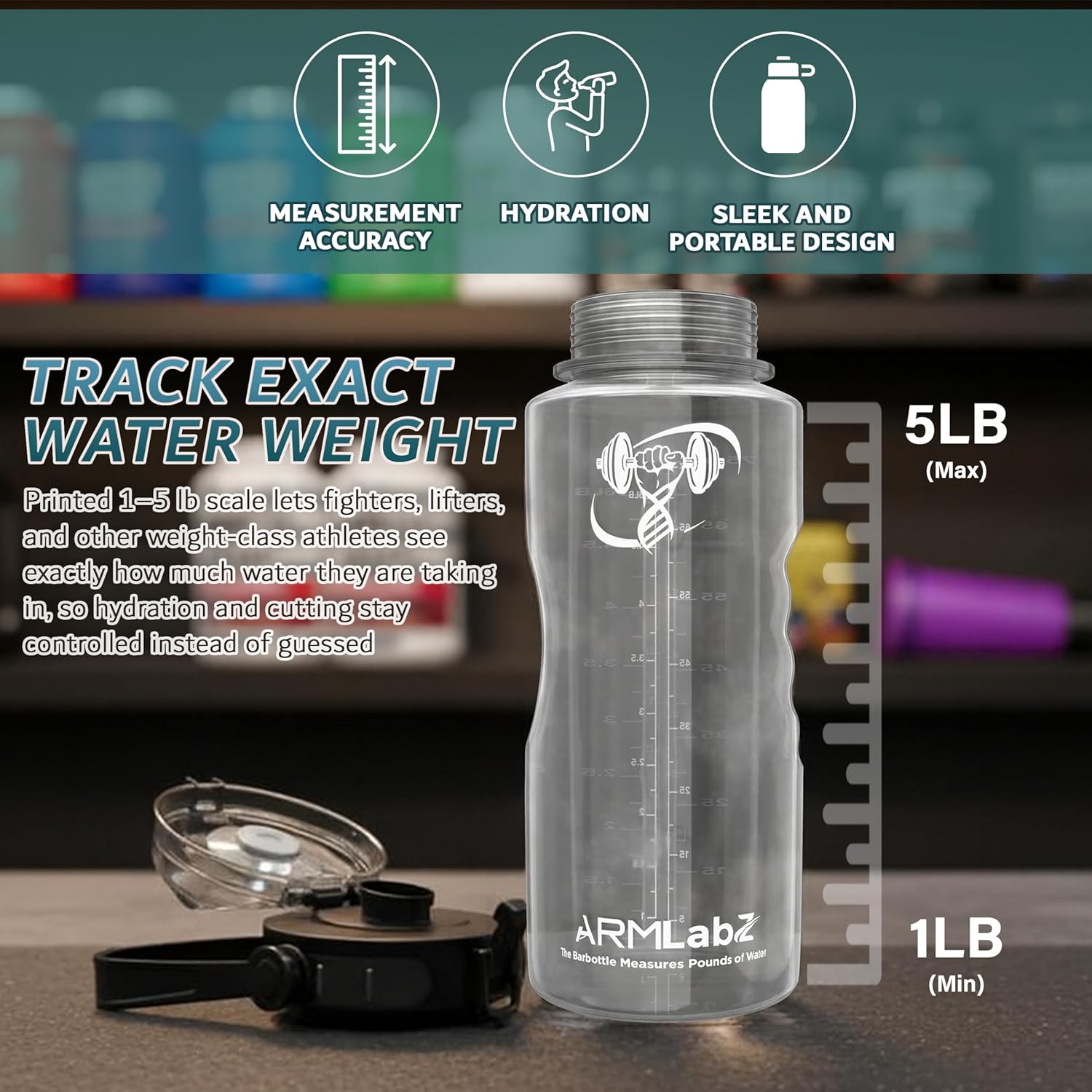 Barbottle, Gym Water Bottle with Measurement Scale, 1-5 lb Water Weight Capacity, Wide Mouth Flip Top Lid with Carry Loop, Forearm Roller 2.0 Compatible - Image 5