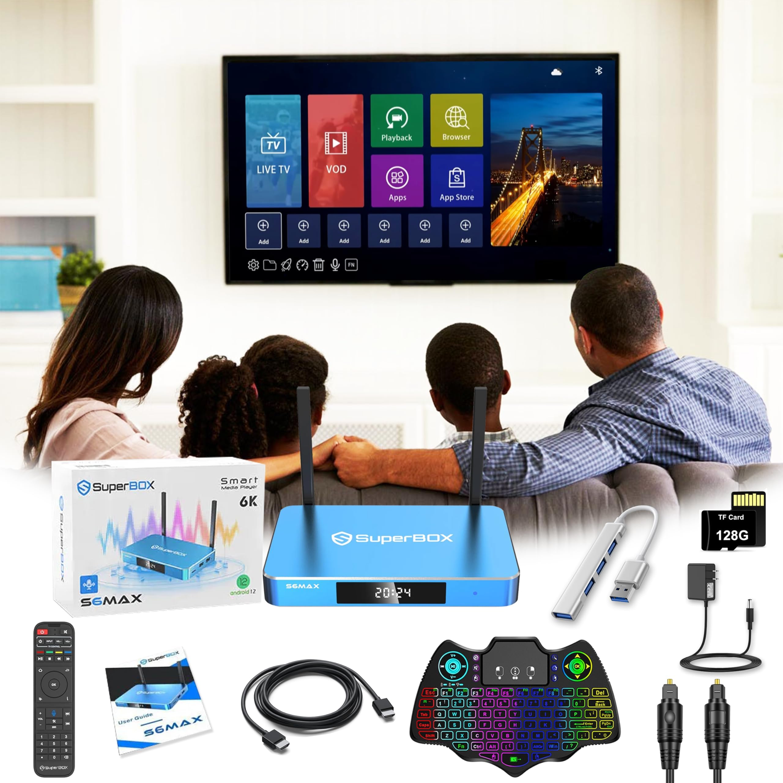 2024 New Super S5 Max 4G RAM 64G ROM with Voice Remote, 1 * 4-Port USB 3.0 Hub, 1 * 6.5 Feet Audio Cable, 1 * 128G TF Card, 1*HD Cable, 1*Mini Keyboard