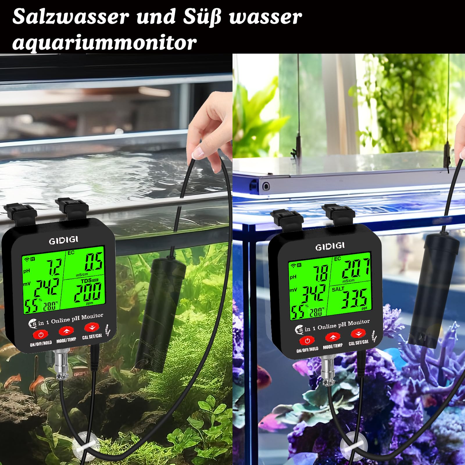 pH ppm WiFi-Monitor, intelligenter 8-in-1 Wasserqualitätstest, hydroponischer pH EC-Messer, pH TDS EC Salz ORP-Tester mit Kalibrierlösungs-Kit, Salzgehalt-Tester für Aquarien
