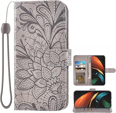 Asuwish Phone Case for Samsung Galaxy Z Fold 2 5G 2020 with Lace Wallet Cover Flip Card Holder Stand Kickstand Rugged Slot Folio Purse Cell Accessories Gaxaly ZFold2 Z2 Fold2 ZFold25G Women Men Grey