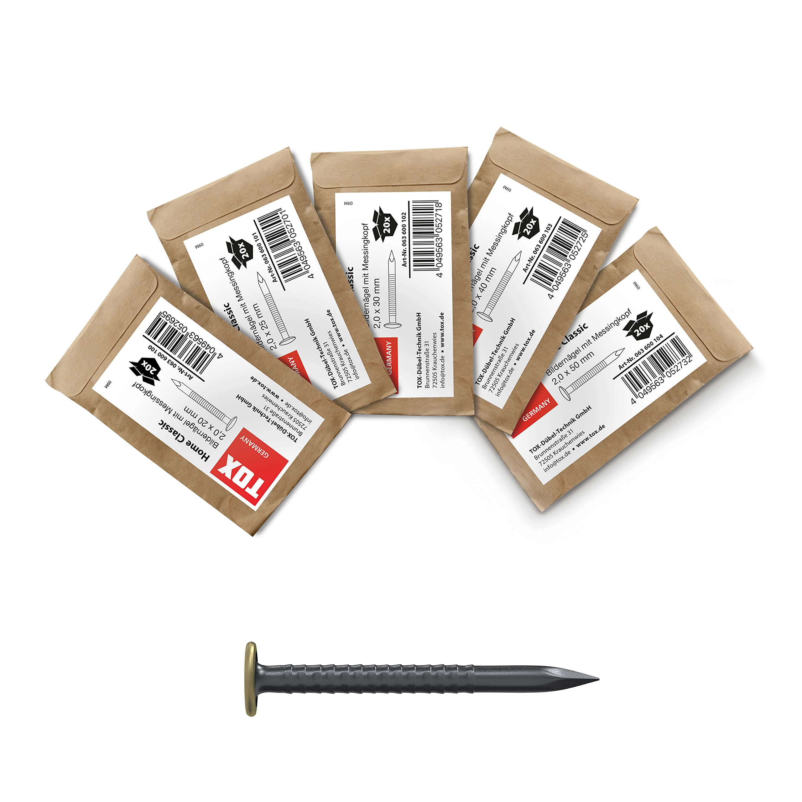 TOX Set de clous à image Home Classic en acier trempé avec tête en laiton dans un emballage en papier recyclable au style rétro, ⌀ 2,0 mm, longueur 20, 25, 30, 40 et 50 mm, 100 pièces, 063600105