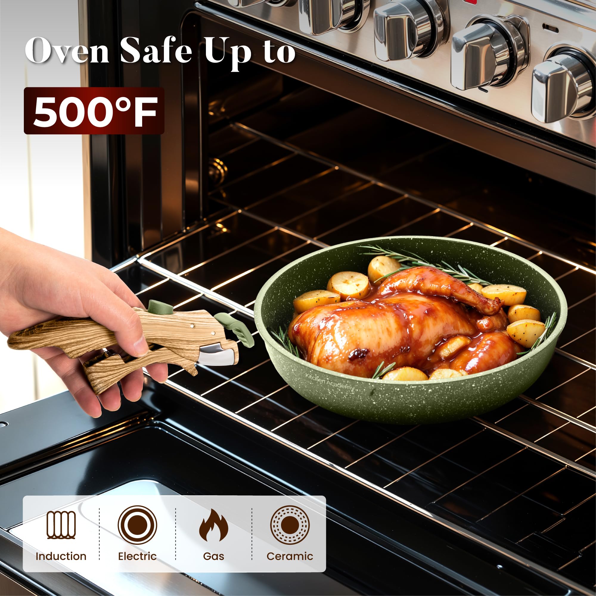 Kitchen Academy 10 PCS Batterie de Cuisine Induction avec Poignée Amovible | Batterie de Cuisine Tout Feux, Revêtement Antiadhésif en Granit Empilables Convient aux Camping-Cars et au Camping