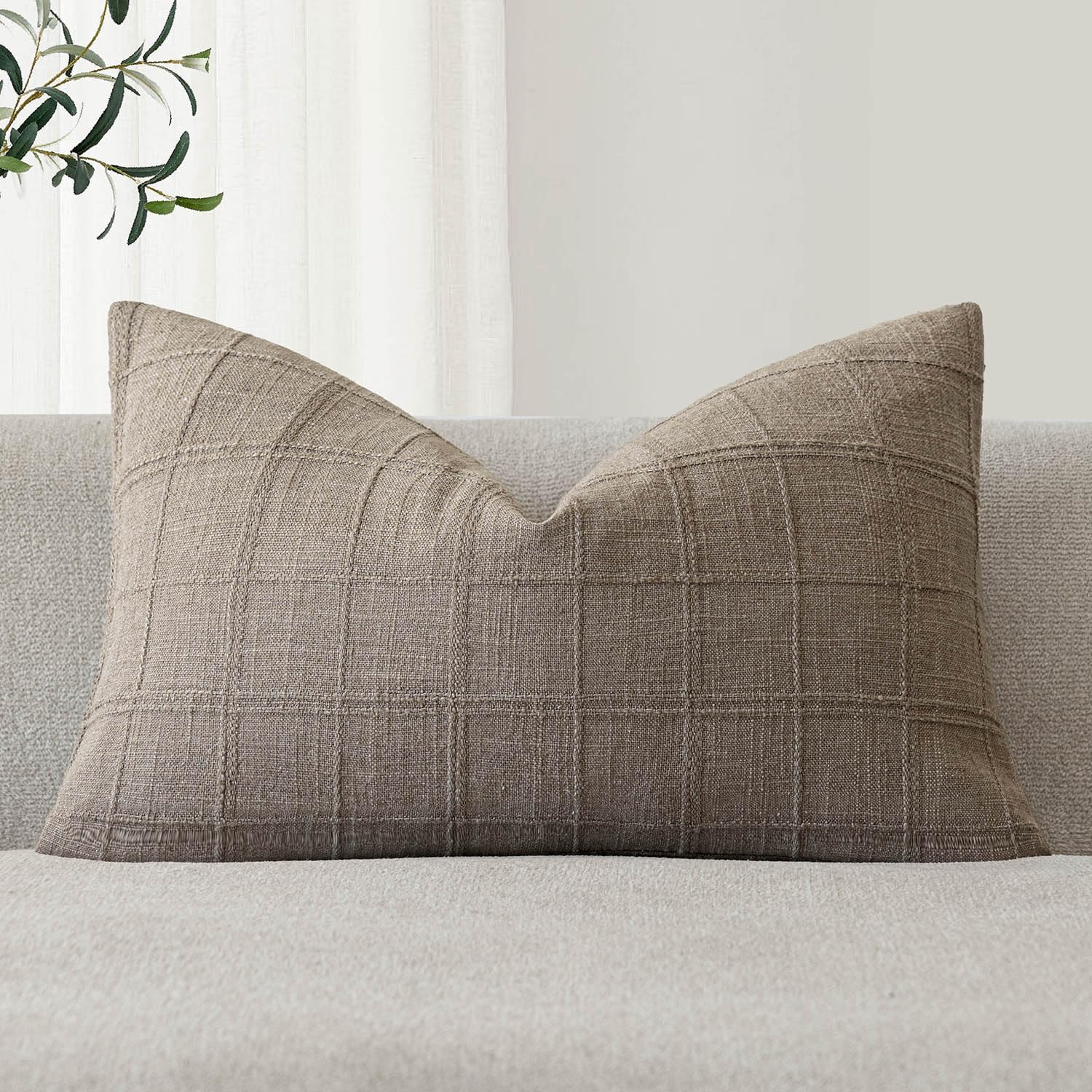 Foindtower Set of 1 Decorative Linen Check Throw Pillow Cover Neutral Farmhouse Lumbar Cushion Cover Modern Boho Home Decor for Sofa Chair Couch Bedroom Living Room,12×20 Inch,Tan Taupe