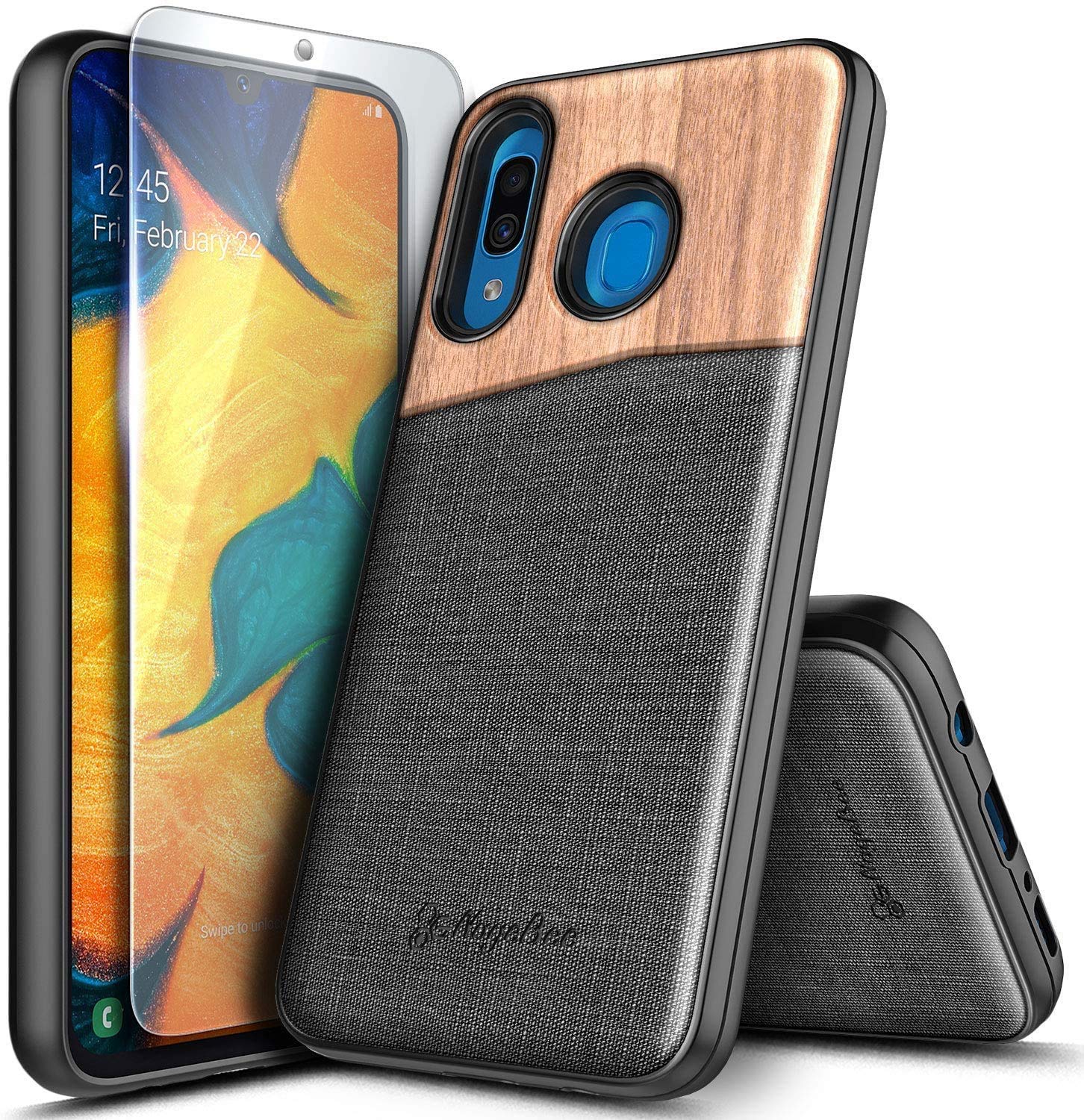 E-Began Case Compatible for Samsung Galaxy A20, A30 with Tempered Glass Screen Protector, Premium Natural Wood with Canvas Fabrics Dual Layer Shockproof Hybrid Durable Case -Wood