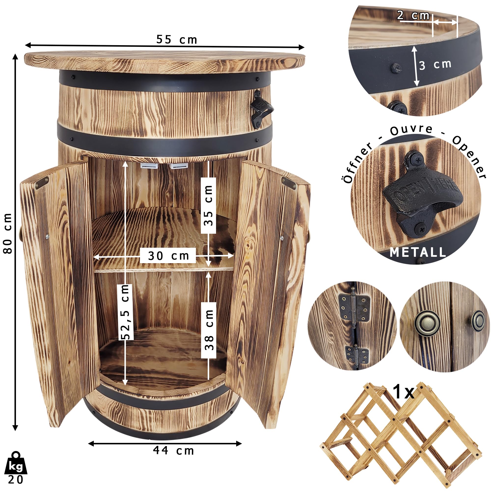 weeco Armoire en bois de pin en forme de tonneau avec étagère et étagère pour 30 à 40 bouteilles - Étagère de bar rustique avec décapsuleur et porte-bouteilles pliable - 80 x 55 x 44 cm - Marron