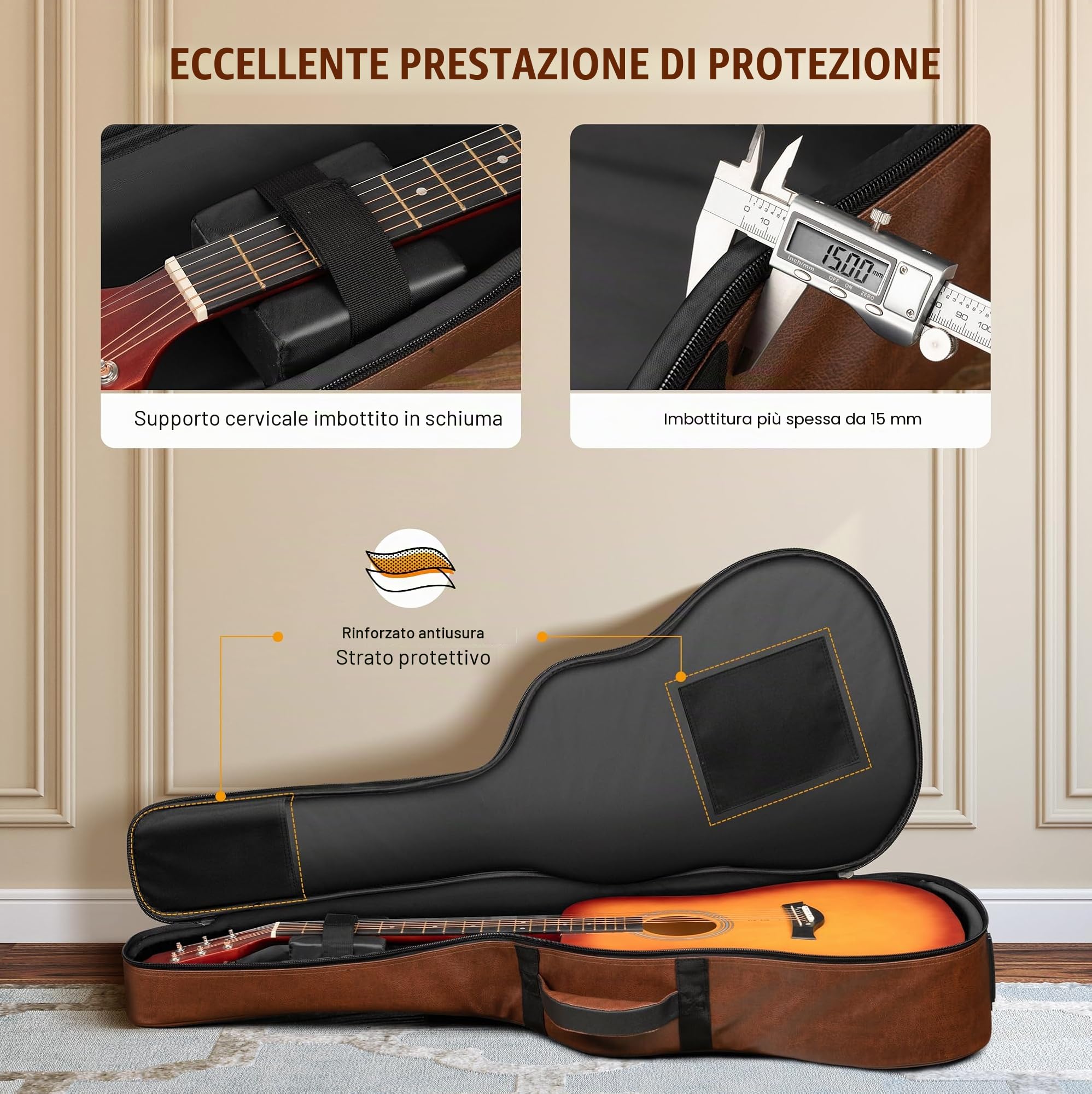CAHAYA Custodia per Chitarra Acustica PU - Marrone Impermeabile con Imbottitura Traspirante 15 mm di Spessore - Doppia Cerniera