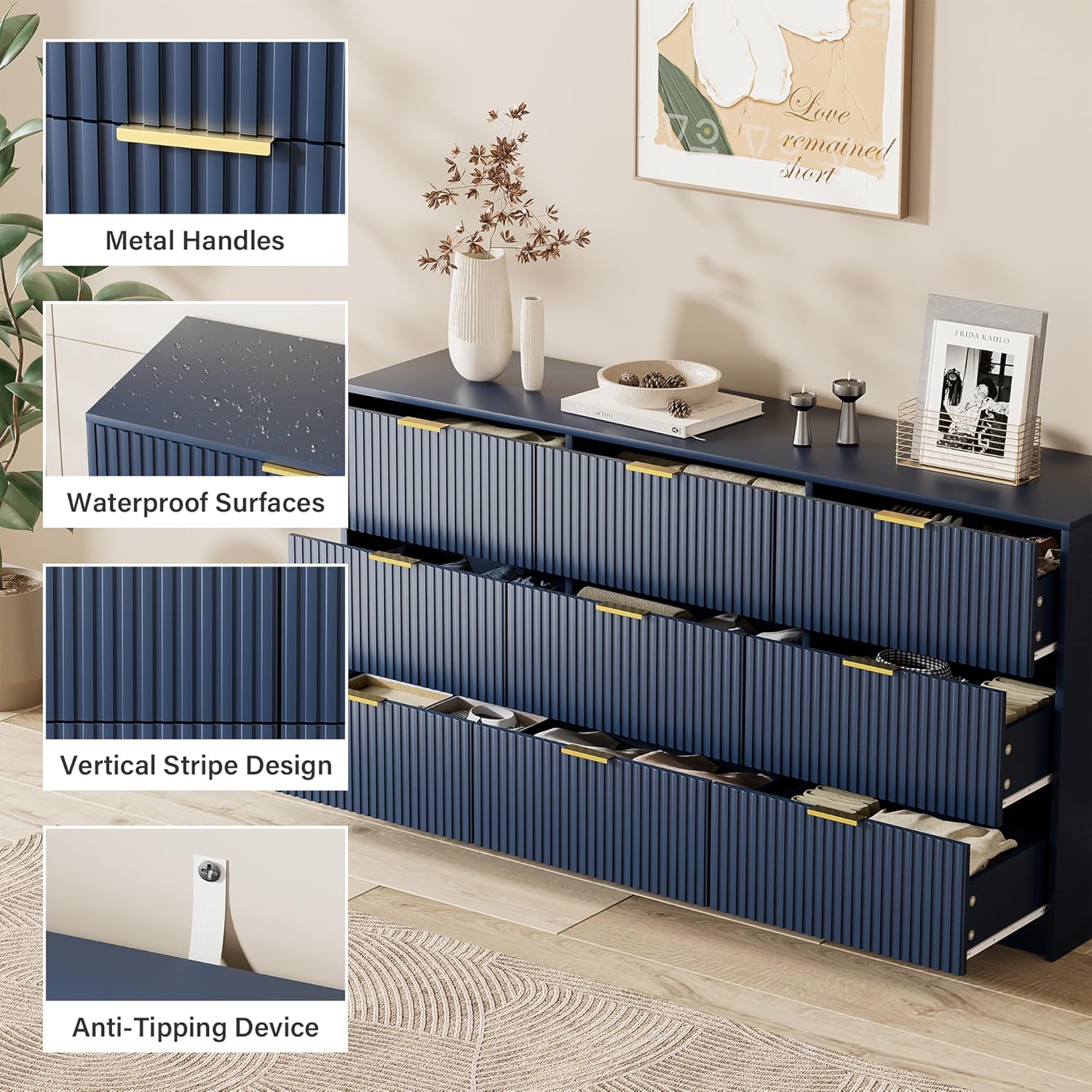 Close-up images showing metal handles, waterproof surfaces, vertical stripe design, and anti-tipping device.
