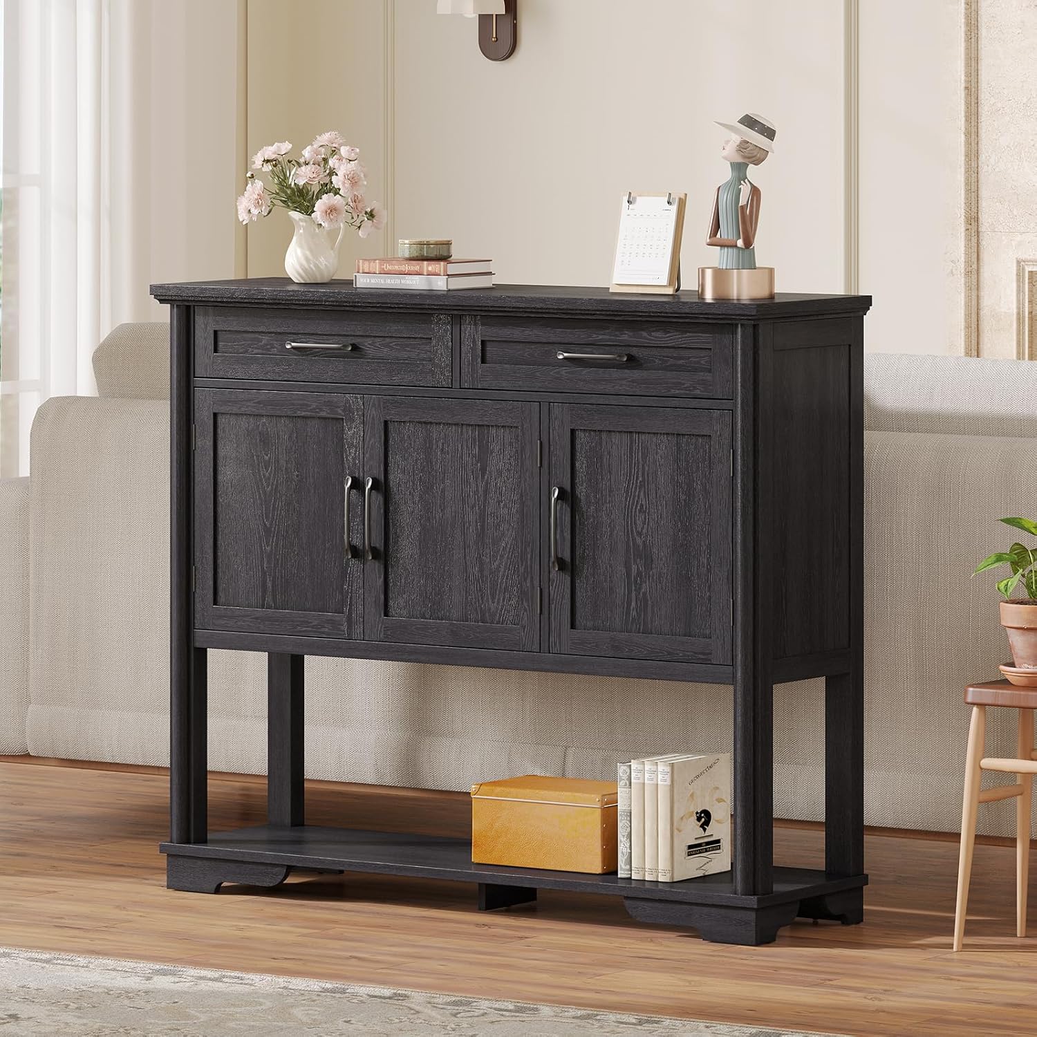 ONBRILL 47.2 Inches Entry Table with Storage, Farmhouse Buffet Cabinet w/2 Drawers and 3 Doors, Open Storage Shelf, Adjustable Shelves, Coffee Bar Console Cabinet for Kitchen, Living Room, Black