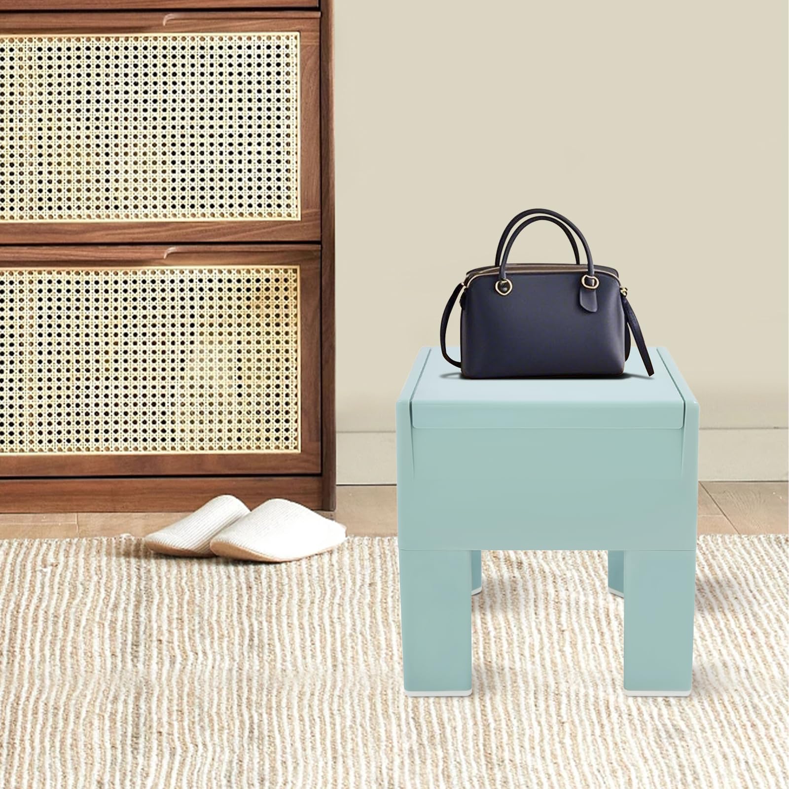 Sgabello basso in plastica con spazio per riporre le scarpe, per corridoio, soggiorno, bagno, moderno, 40 x 37 x 31 cm, fino a 100 kg (blu marino)