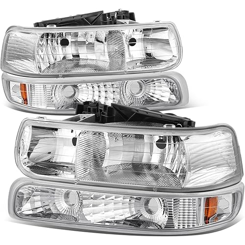 Auto Dynasty Headlights Assembly Compatible with 1999-2006 Chevy Silverado Suburban Tahoe, 4Pcs Driver and Passenger Side Halogen Headlamps Replacement w/Bumper Lamps, Chrome Housing Amber Corner