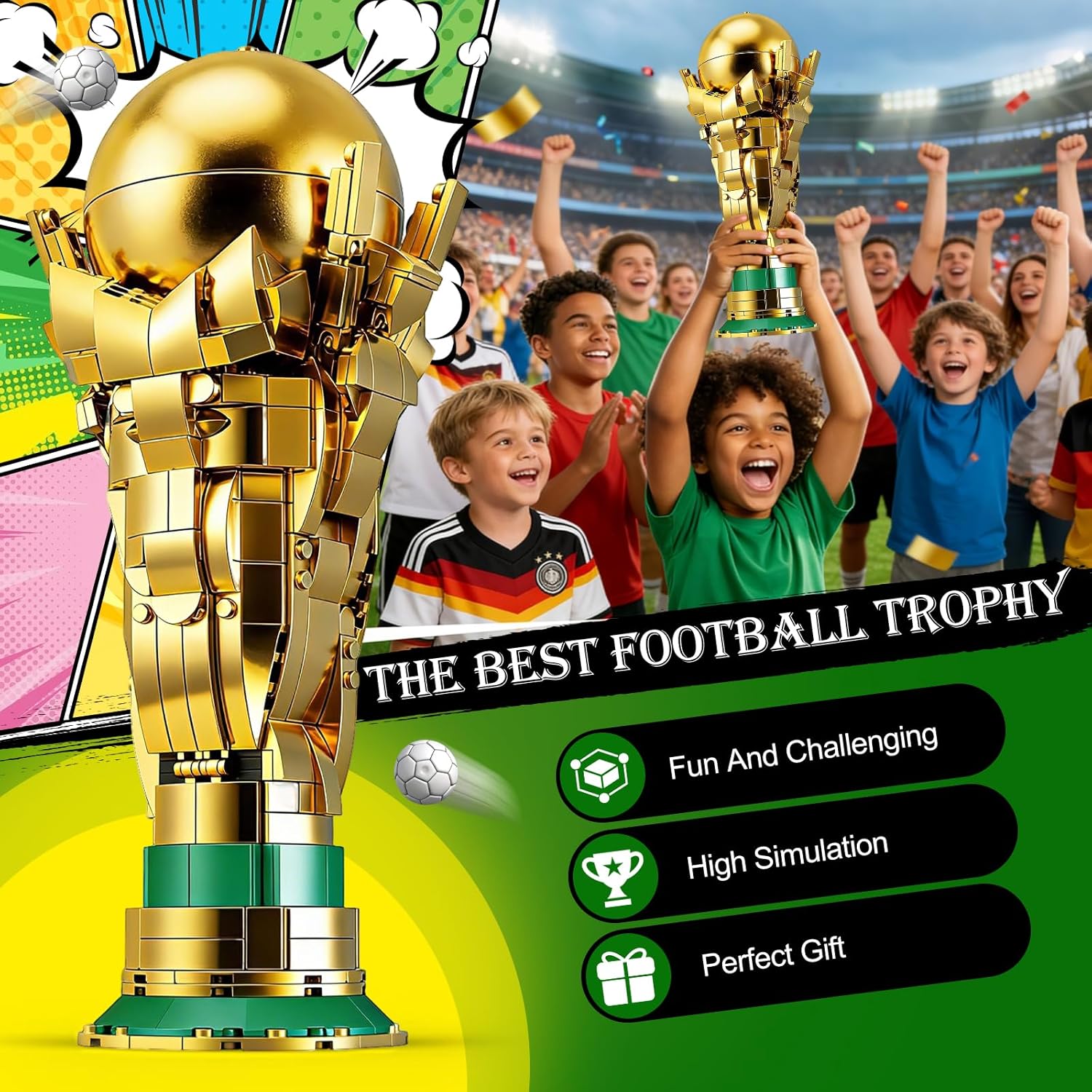 Soccer Trophy Building Set for Kids 8+ (446 Pieces) – STEM Golden Football Cup Model with Opening Sphere & Hidden Mini Balls – Collectible Display for Home Office Desk, Birthday Gift for Sports Fans