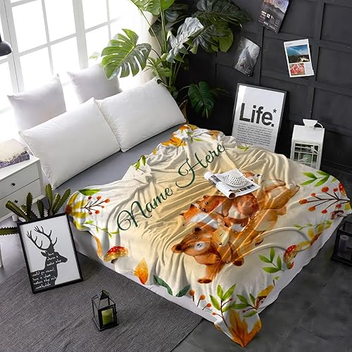 Miniatura 379 de Manta personalizada con diseño de jirafa y elefante, manta de franela suave, acogedora y ligera con nombre para sofá, cama, sofá, regalo, unisex