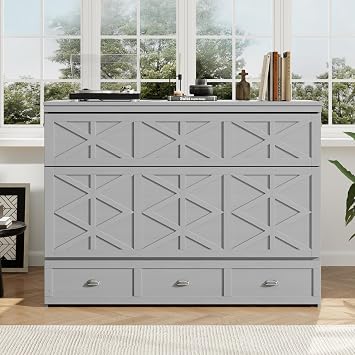 LUMISOL Queen Murphy Bed with Drawers and USB, Wooden Cabinet Bed with Storage, Brushed Gray