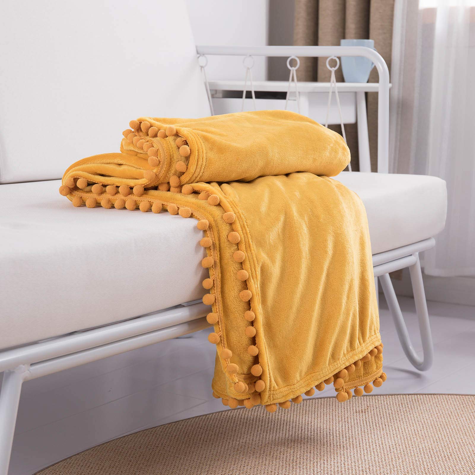 Manta de Franela Pompones Flecos Borla Color Sólido Ligero Suave Cálido Confortable Acogedor Transpirable, Mantas de Microfibra para Cama Sofá. (Amarillo,200 * 230CM)
