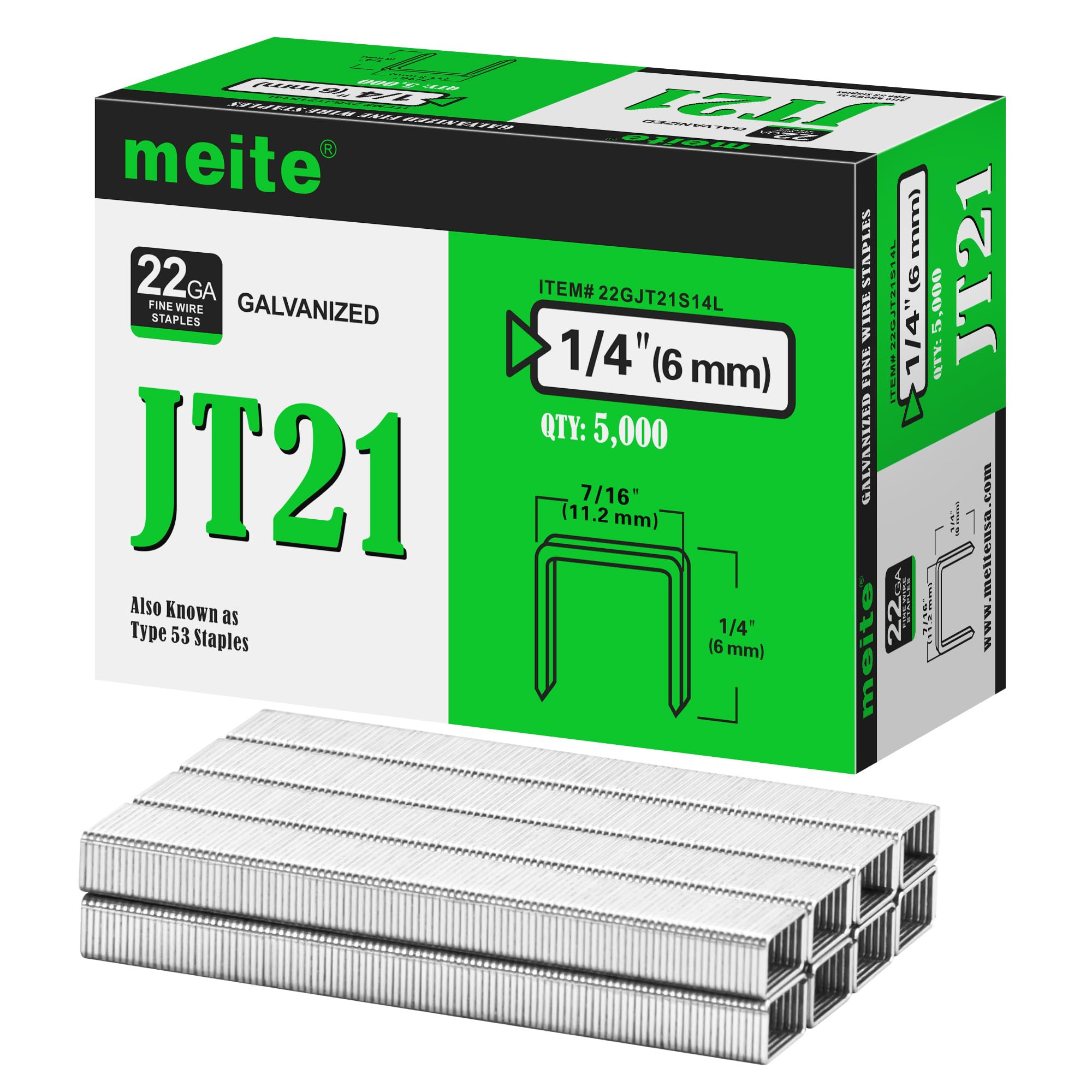 meite Type 53/6 mm Staples, Galvanised JT21 Staples for Staple Gun Fine Wire, 7/16" (11.2 mm) Crown Type 53 Staple Refill