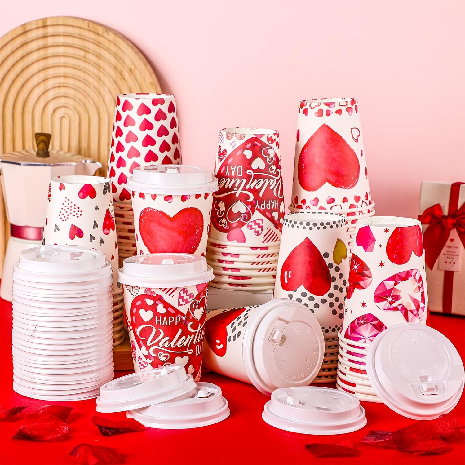 Funtery 48 Set 12 Oz Valentine's Day Paper Coffee Cups with Lids Valentines Disposable Paper Cups Hot Cocoa Party Supplies for Coffee Tea Beverage,6 Styles