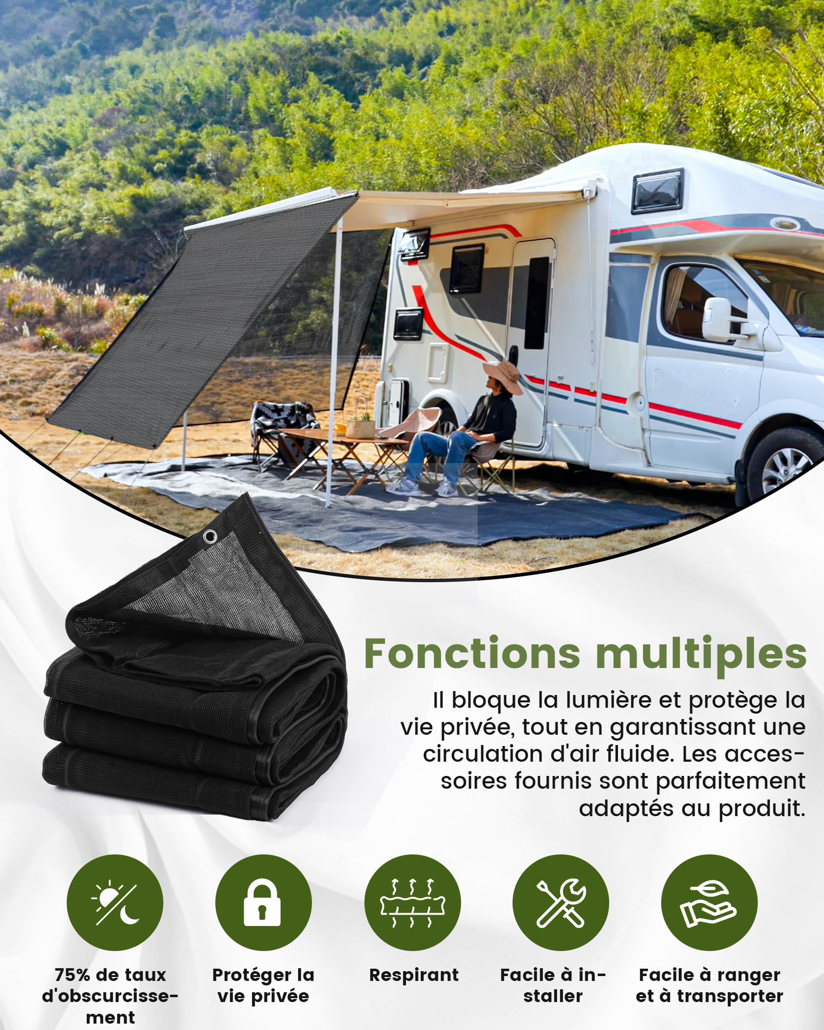FoundGo Pare-Soleil Auvent Camping-Car 200x300cm, Écran Brise-Vue Rail Keder en Toile HDPE 220g/m², Occultation 75% Anti-UV, Accessoire Adapté Camping-Car, Fourgon Et Caravane