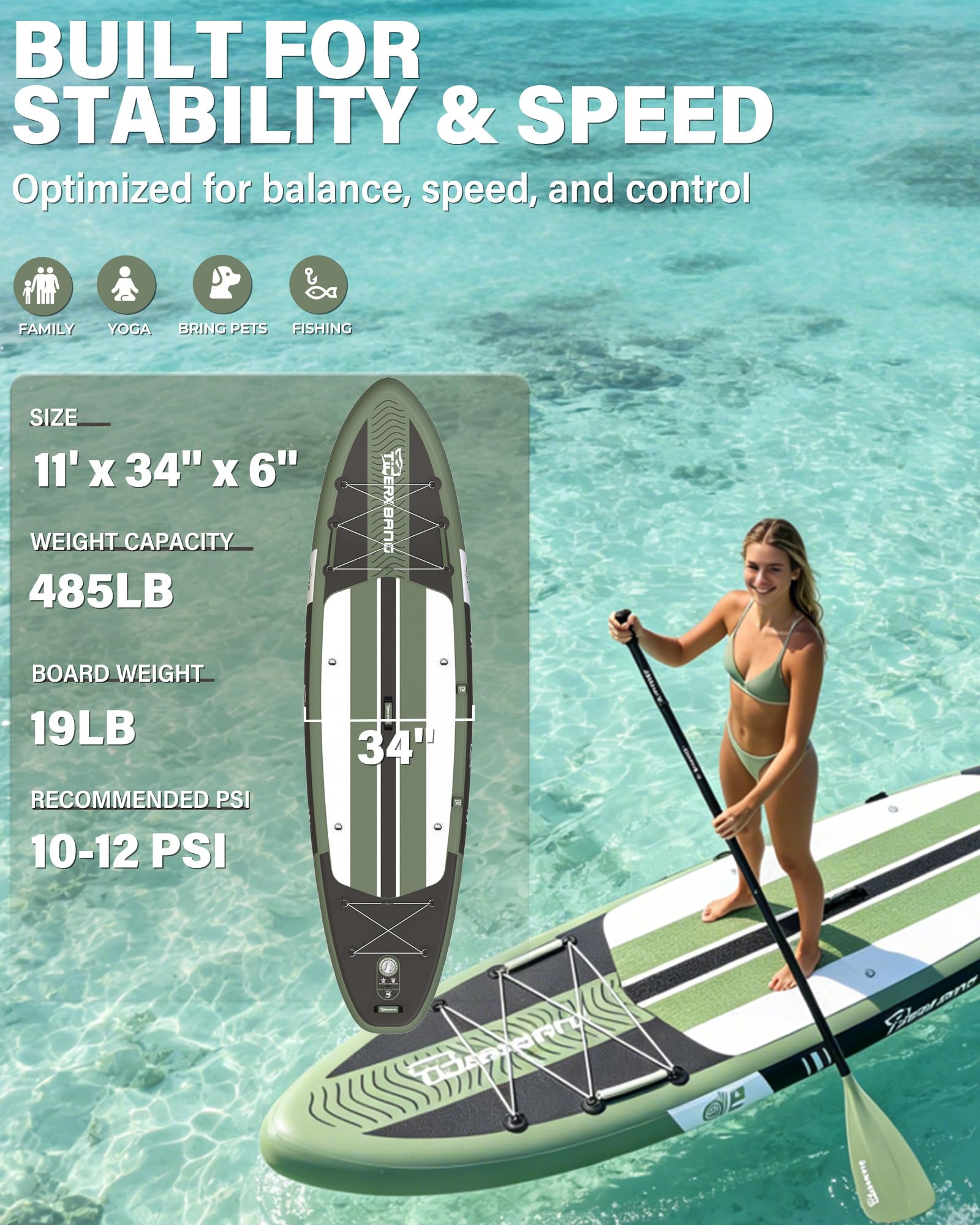 TIGERXBANG Aufblasbares Paddle Board mit Sitz, 335 x 86 x 15 cm Stand Up Paddling Board für Erwachsene/Kinder, Komplettes ISUP-Surf-Set für 2+1 Personen/Familie