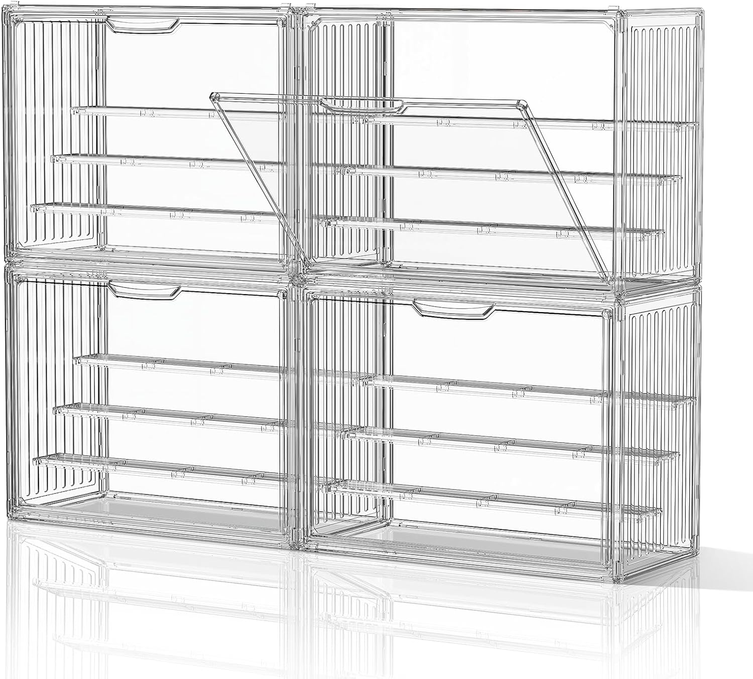 Acrylic Display Case with 3 Shelves for Collectibles, 4 Layer Adjustable Blind Box Figure Display Case Stackable Clear Figurine Display Box for Hobby, Popmart, Car Model, 4 Pack