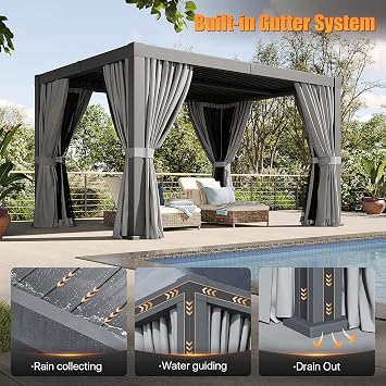 Louvered Pergola 10' x 12' Outdoor Aluminum Pergola with Adjustable Top for Decks, Gardens and Backyards, Gray