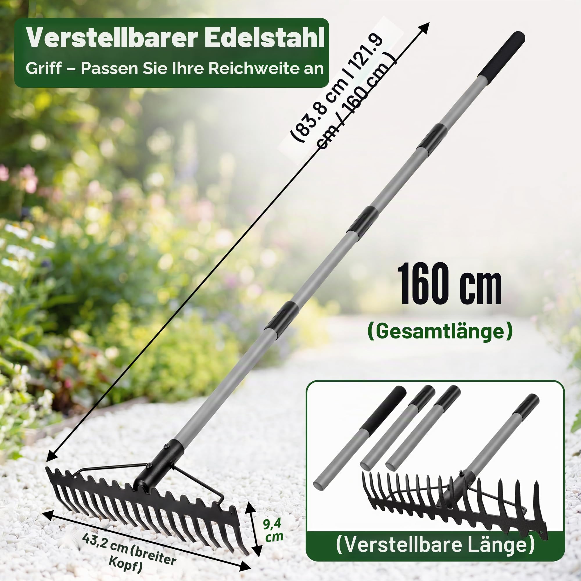 Walensee Garten Rechen, 165cm Metall Rechen , Harke mit 17 Stahlzinken, mit Edelstahlgriff, zum Lockern von Boden und Nivellieren von Rasen,Laubbesen,Rasenrechen, Heurechen für Rasen und Blätter