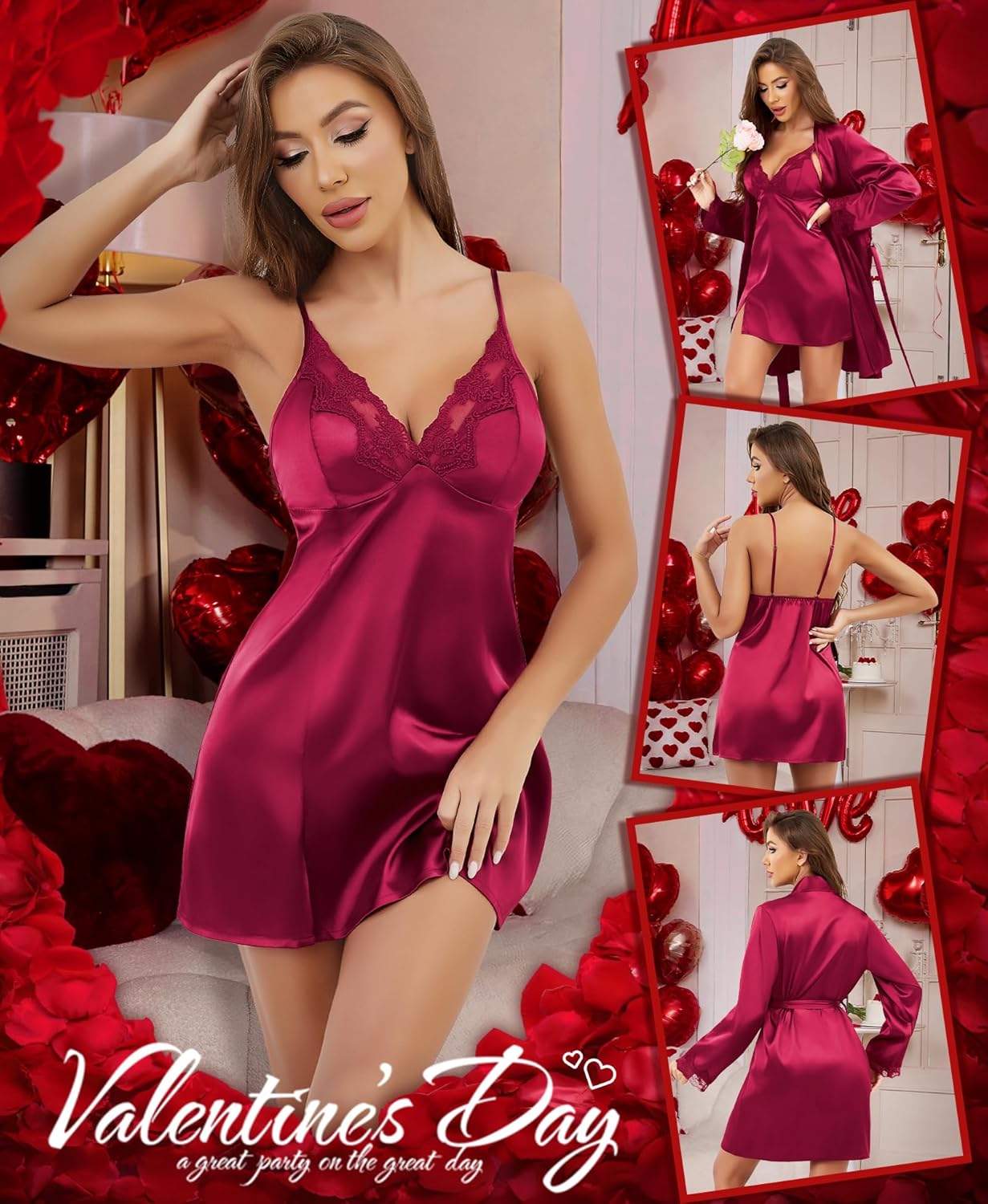 RSLOVE Women’s Satin Sleepwear Set – 2 Piece Lace Cami Nightgown and Long Sleeve Robe Sexy Silk Pajamas Lingerie for Women - Image 3