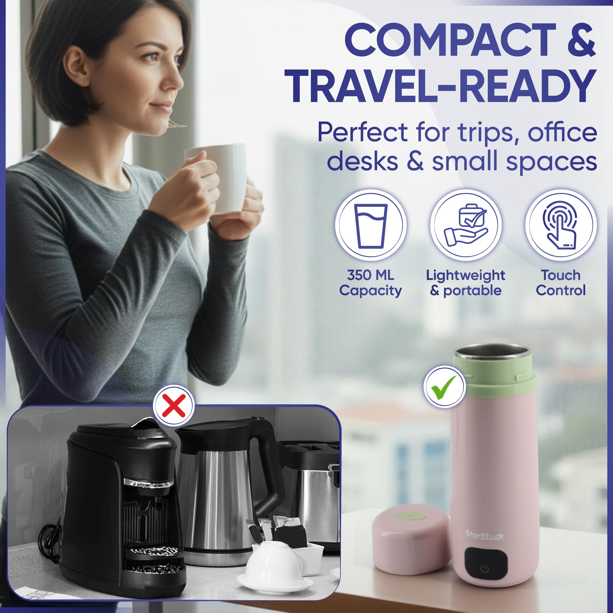StarBlue Bouilloire de voyage portable rose, 350 ml, bouilloire électrique avec tension globale, 6 modes de température, affichage commutable ℃/℉, chaudière à eau compacte pour la maison et le bureau