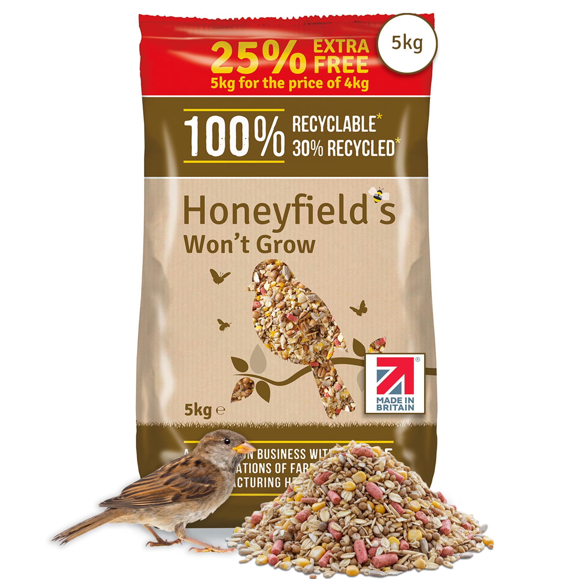 Honeyfield’s - No Grow Bird Food for Outside Birds, Wild Bird Food with Kibbled Sunflower Hearts and Kibbled Peanuts, Ideal for Ground Feeding and Tables (5kg)