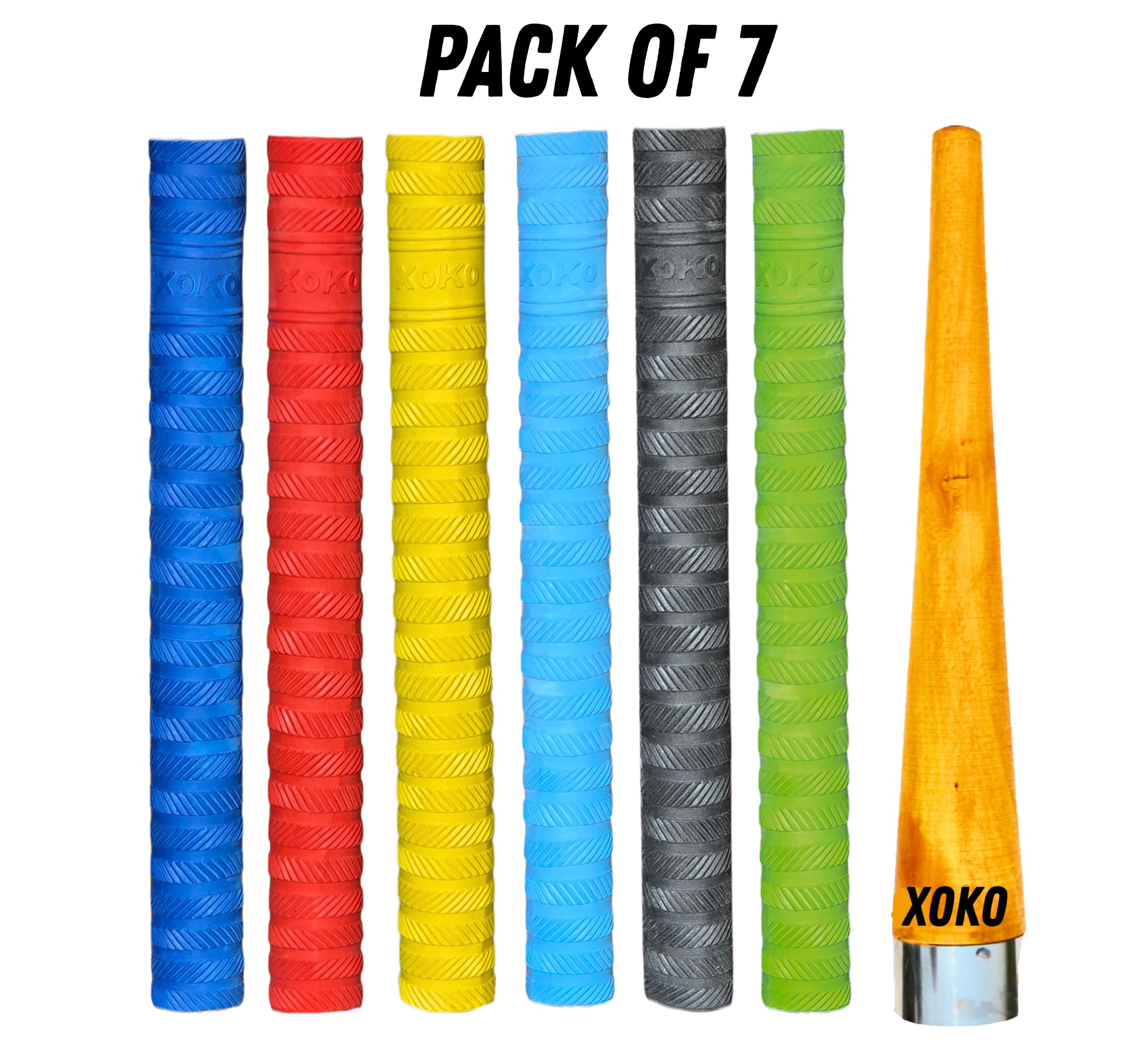 XOKO Premium Cricket Bat Handle Grip Set, Multicolor Anti-Slip Rubber Grips, Professional Sports Accessory Pack with 6 Grips and Wooden Cone 3