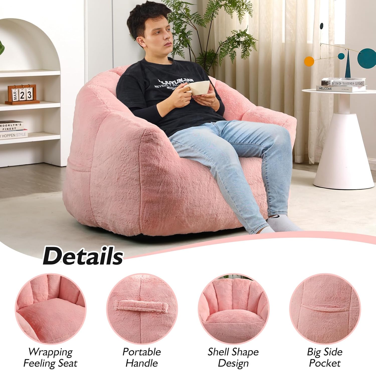 Bean Bag Chair, Big Bean Bag Chairs with Filler, Stuffed Beanbag Chair for Adult and Kid, Living Room Beanbag Chairs with Filling (Faux Fur in Pink, 35" D×41.4" W×30.7" H)
