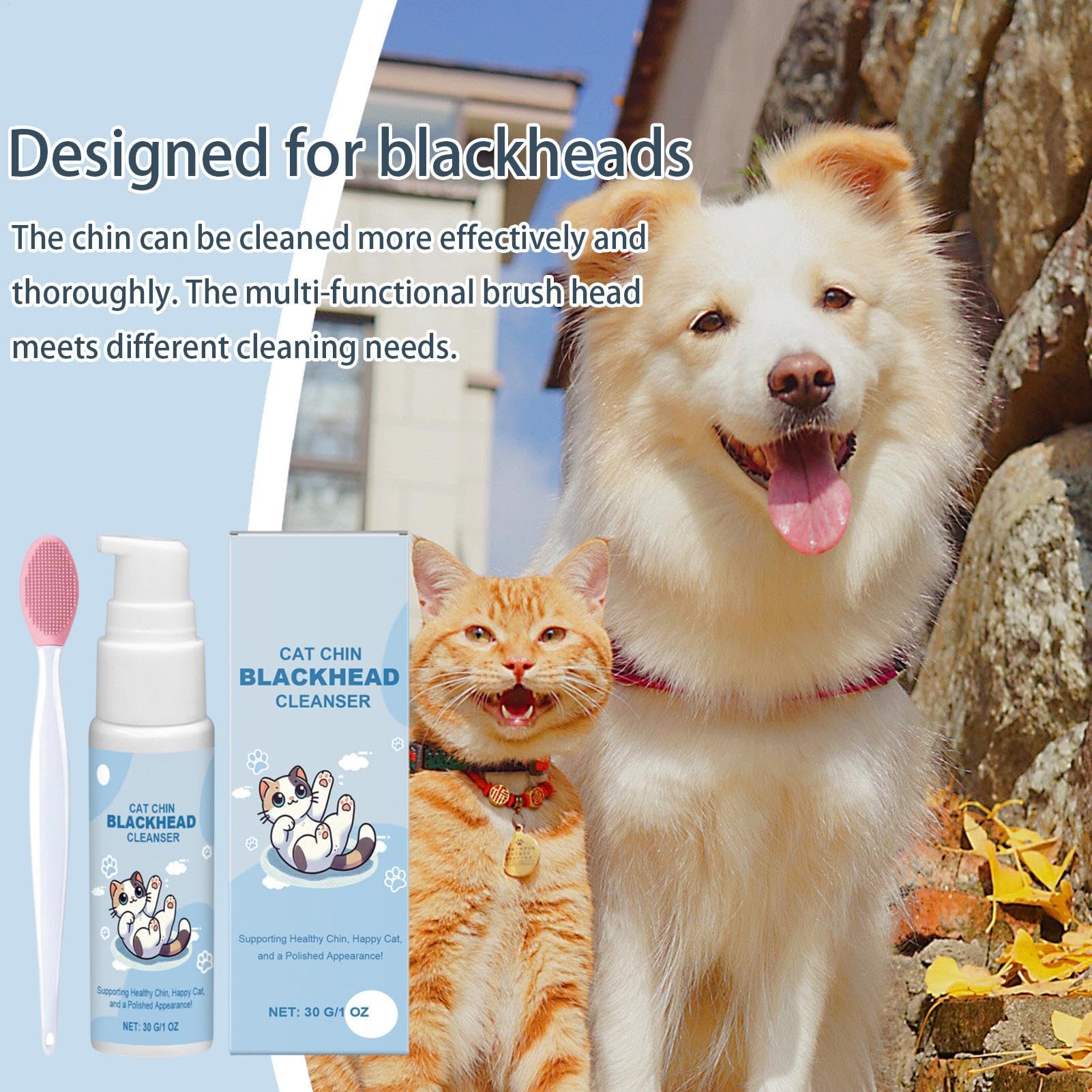 Crème pour l'acné de chat - 30 g - Kit de soins pour le menton et le menton - Avec brosse de nettoyage pour acné de chat - Élimine en douceur les points noirs - Nourrit l'animal de chat