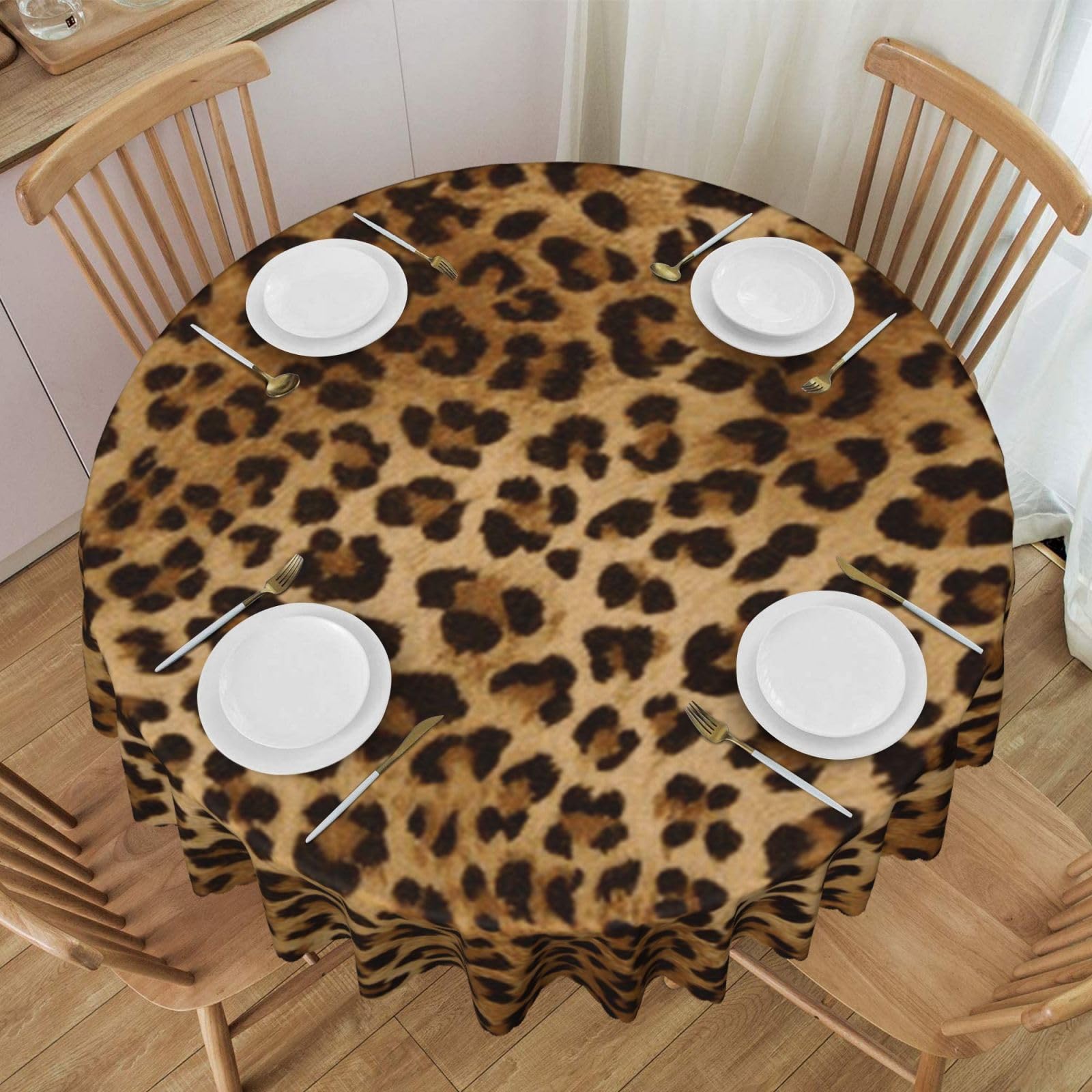 DCEHGEW 60 In Round Tablecloth with Lace, Cute Leopard Printed Oilproof & Washable Fabric Picnic Table Cloth Table Covers