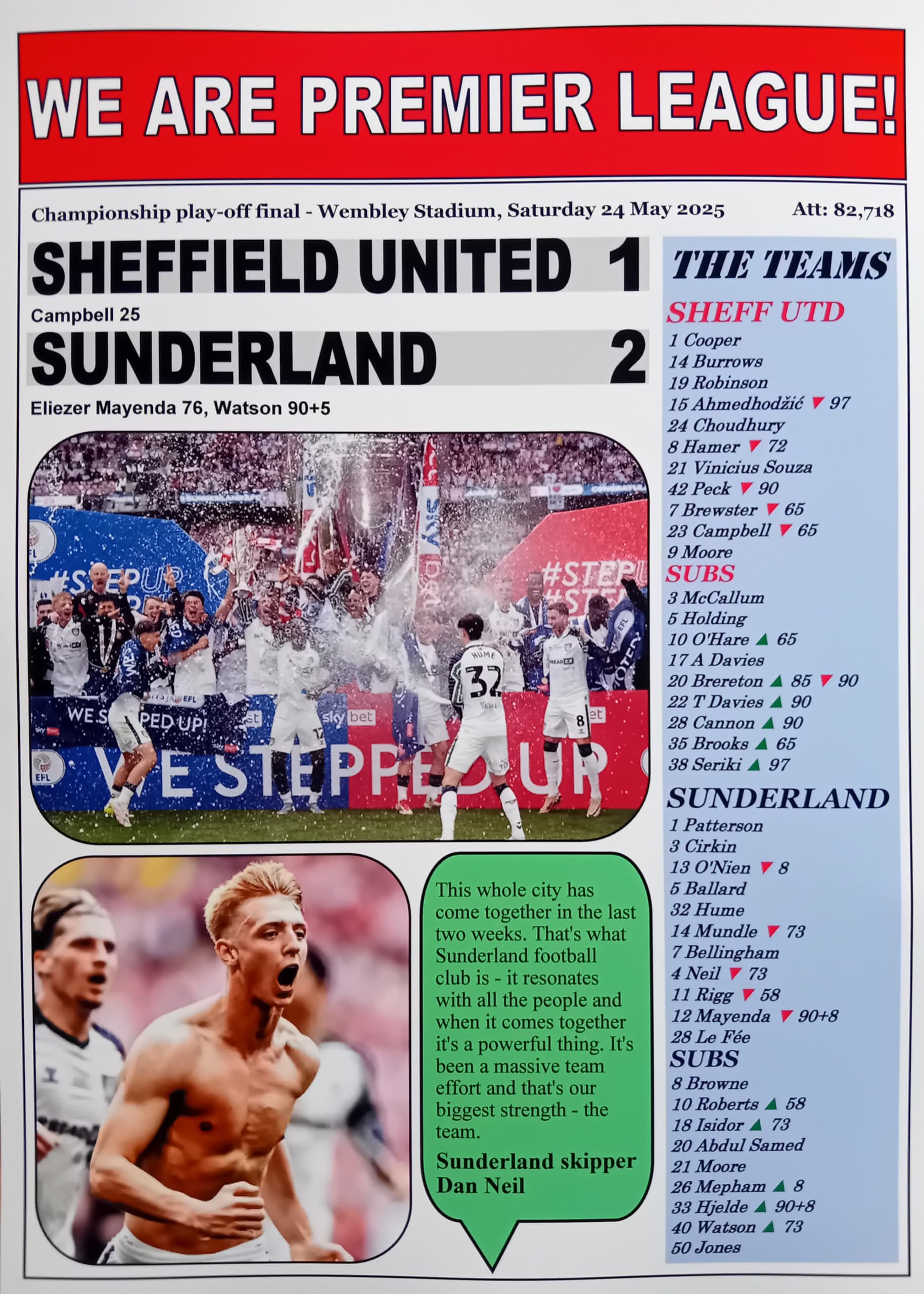 Assorted Multicoloured Sheff Utd 1 Sunderland 2-2025 Championship Play-Off Final - Sunderland Promoted - Souvenir Print