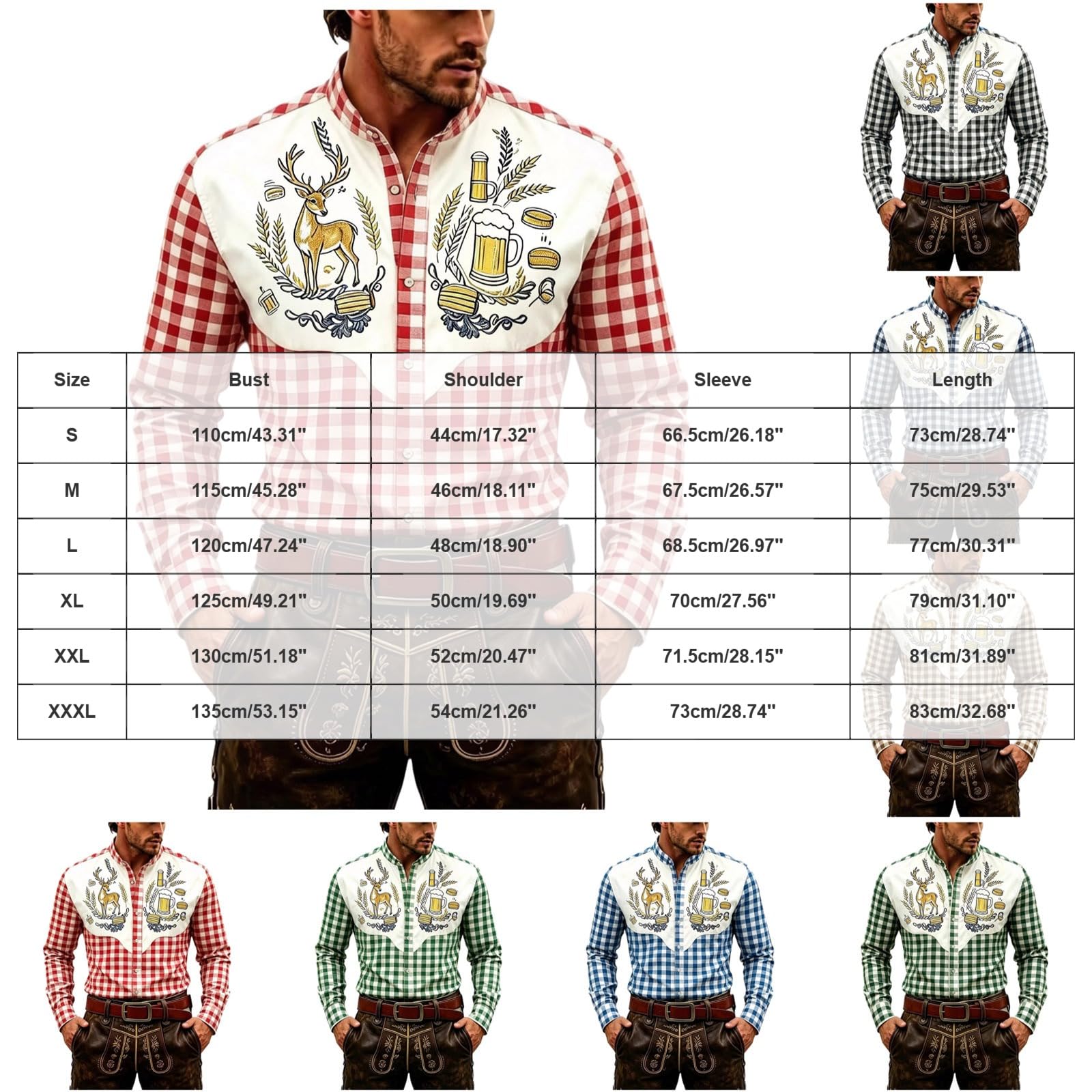 Trachtenhemd Herren Langarm Stehkragen Kariertes Hemd mit Knopfleiste Kariert Oktoberfest Hemden Karohemd Trachtenhemden für Herren Bayern Trachten Oberteil Freizeithemd Langarmhemd