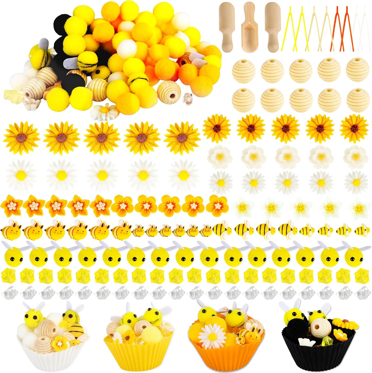 344 Pcs Bee Sensory Bin Filler Set Counting Sorting Sensory Bin Includes Bee Honeycomb Sorting Bowls Tweezers Pom Poms Wooden Scoop for Preschool Education Activities