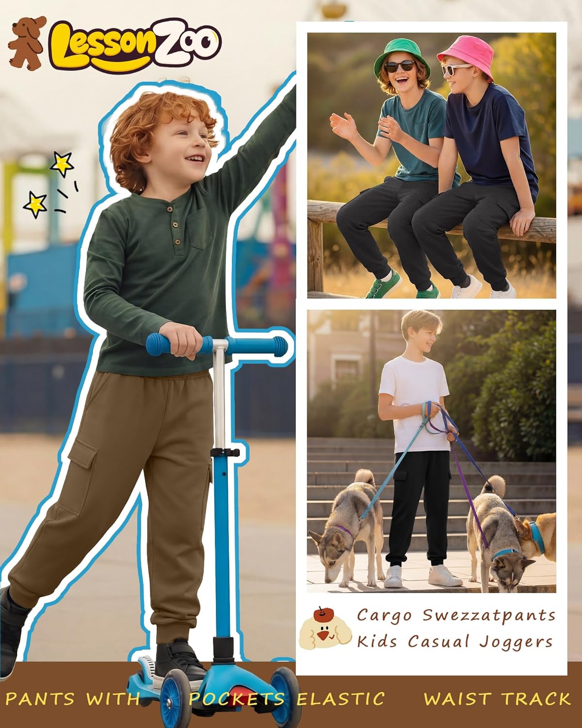 3 Pack Boys' Cargo Sweatpants Kids Casual Joggers Pants with Pockets Elastic Waist Track Cuffed Athletic Pant 5-14Y