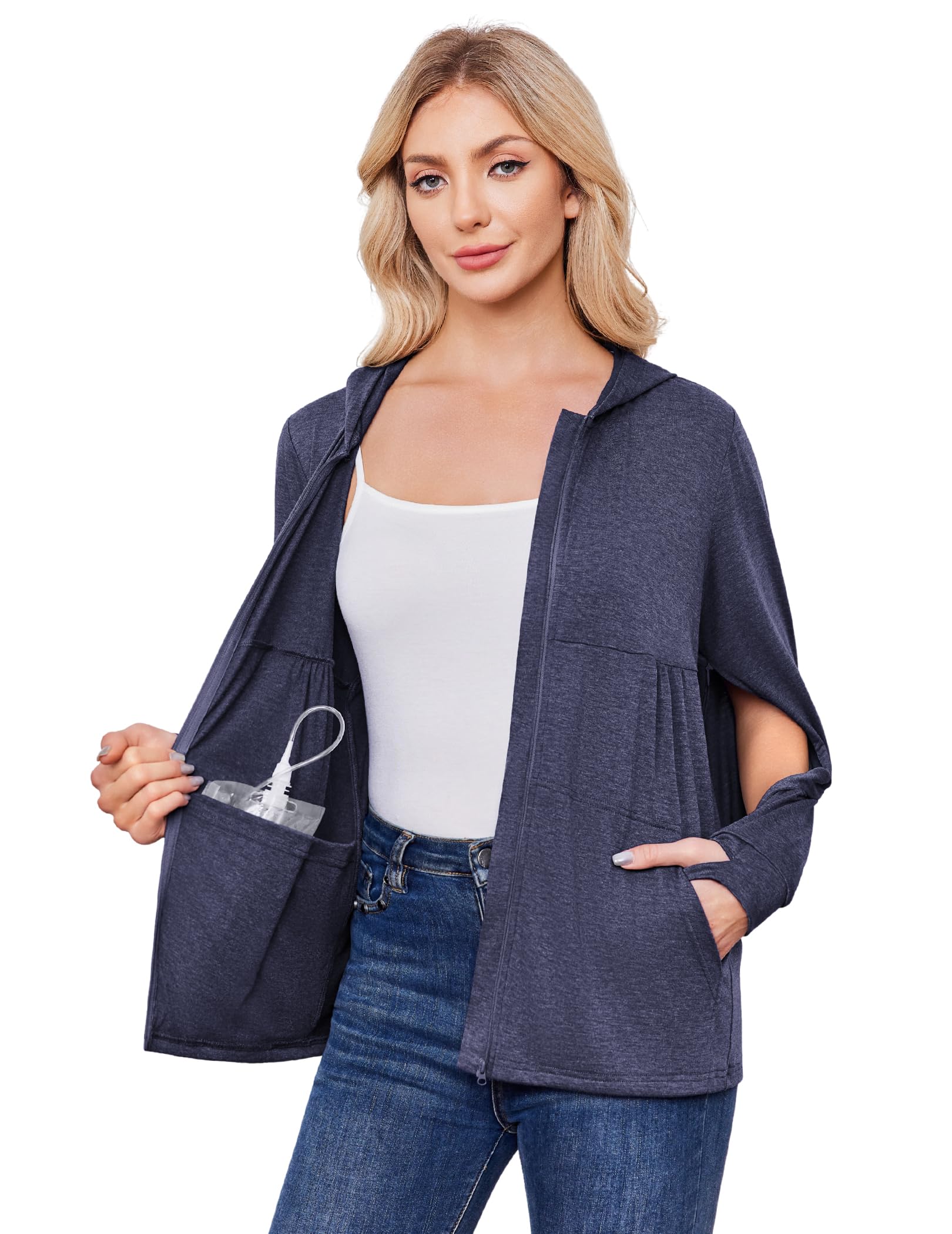 Deyeek Women's Mastectomy Dialysis Shirts with Drain Pockets &amp; Arm Zipper