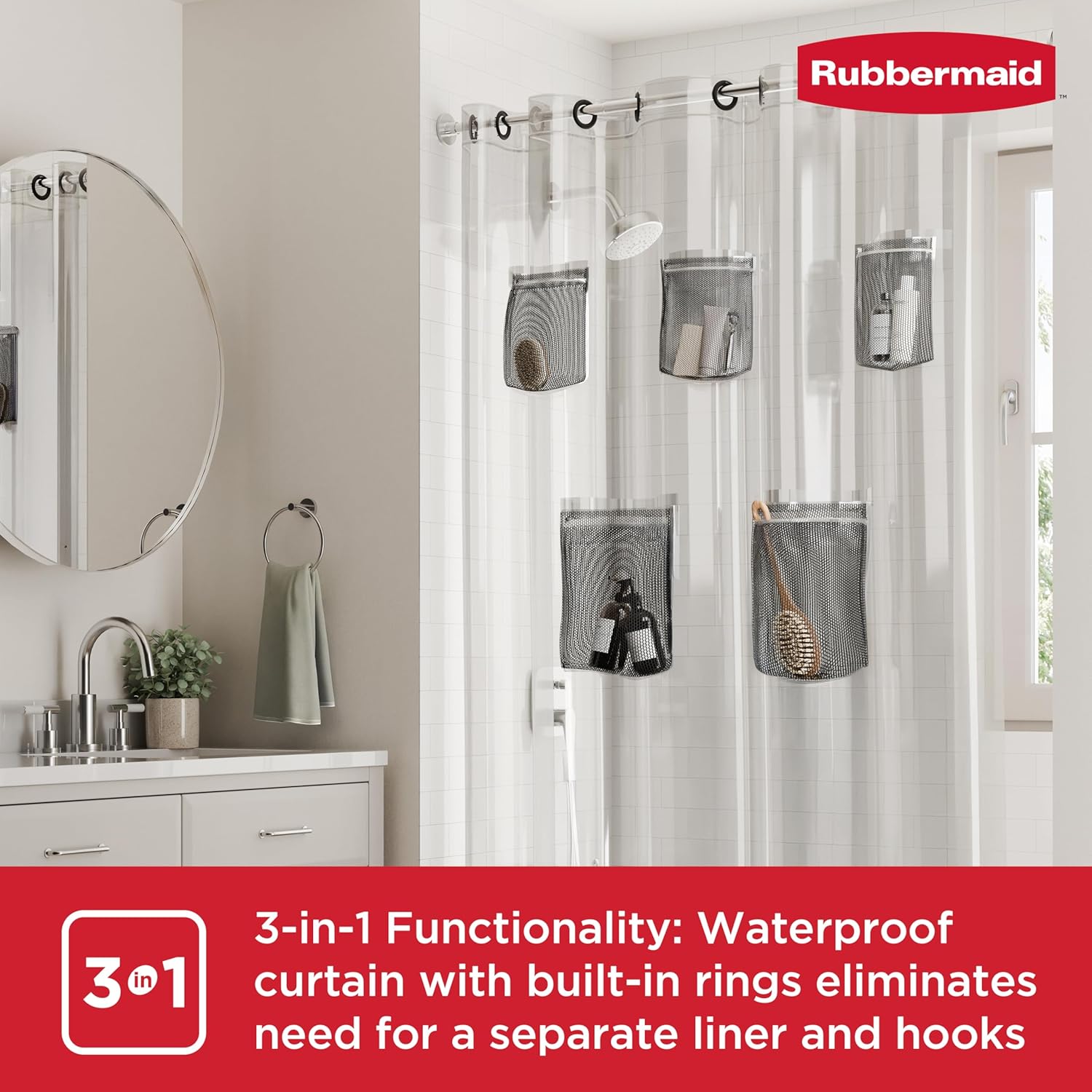 Rubbermaid Clear No Hook 3-in-1 Waterproof Shower Curtain with 5 Storage Pockets, Heavyweight PEVA Instacurtain for Bathroom with Black Built-in Rustproof Rings, 71” x 74”, Clear