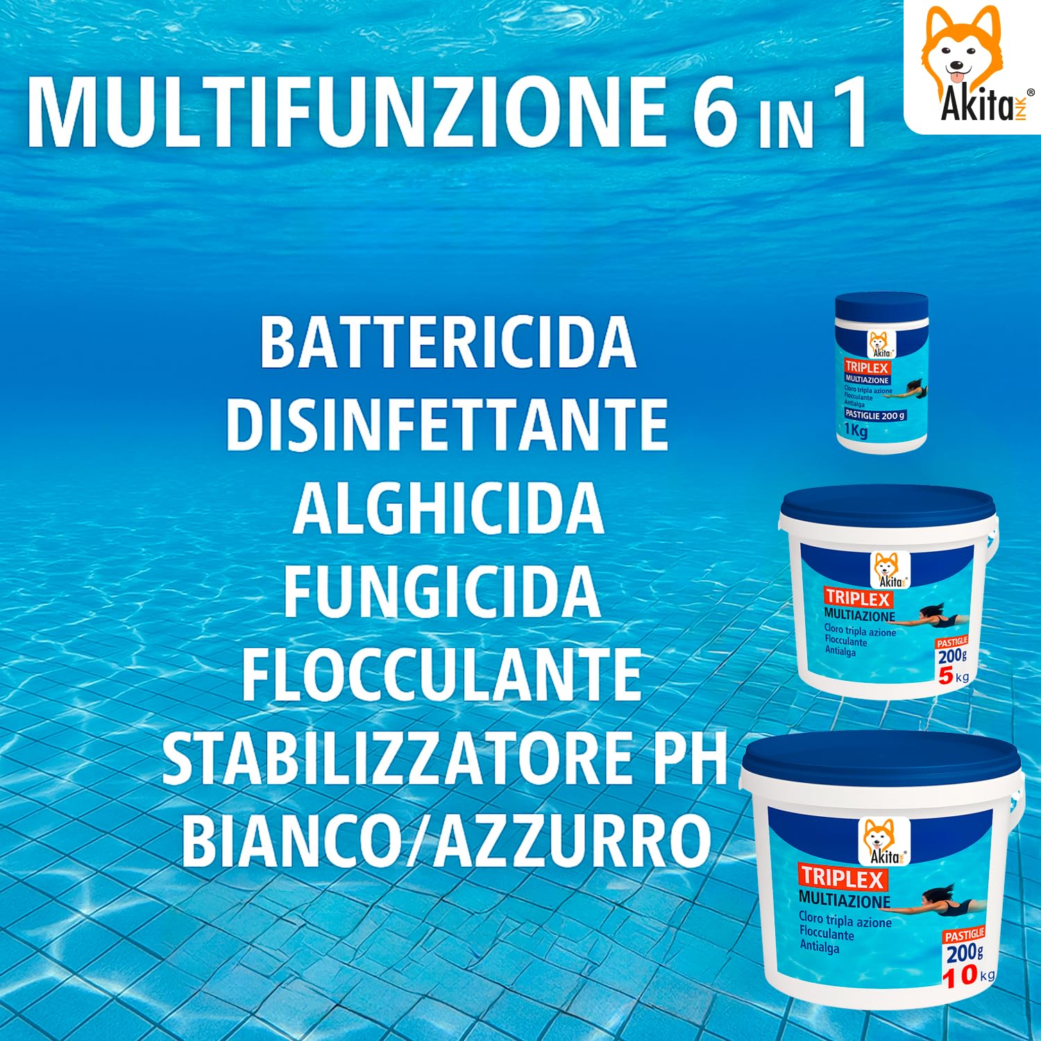 Akitaink Triplex Multiazione Pastiglie Cloro 3 in 1 per Piscina | Azione Lenta | Disinfettante, Antialghe e Flocculante | Secchio da 5 KG