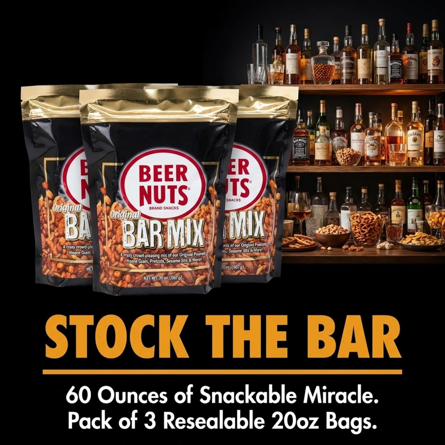 BEER NUTS Original Bar Mix - Pretzels, Cheese Stix, Sesame Stix, Insane Grain - 20oz Resealable Bag (Pack of 3)