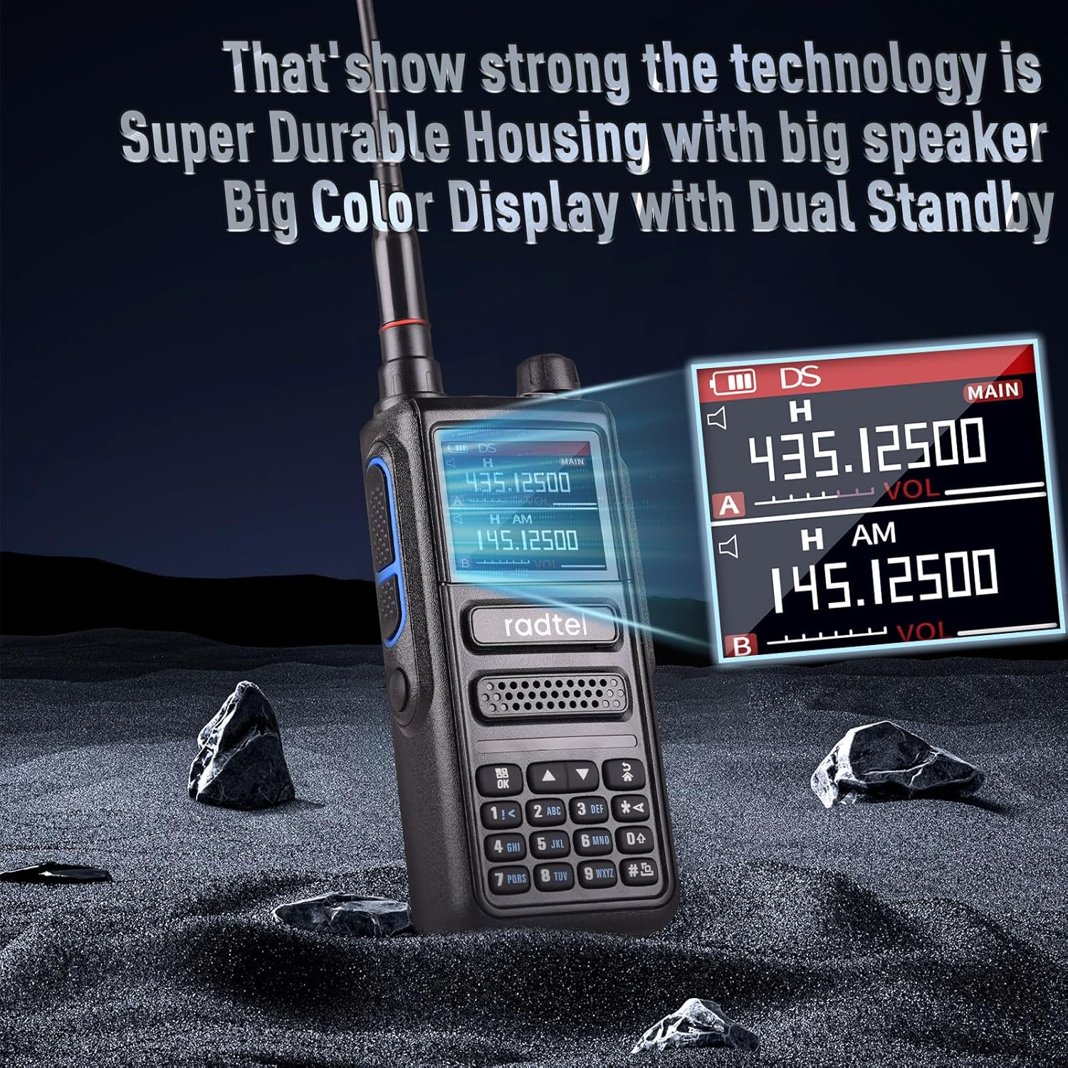 Radtel RT-470 radio with its battery pack detached, showing the connection points.