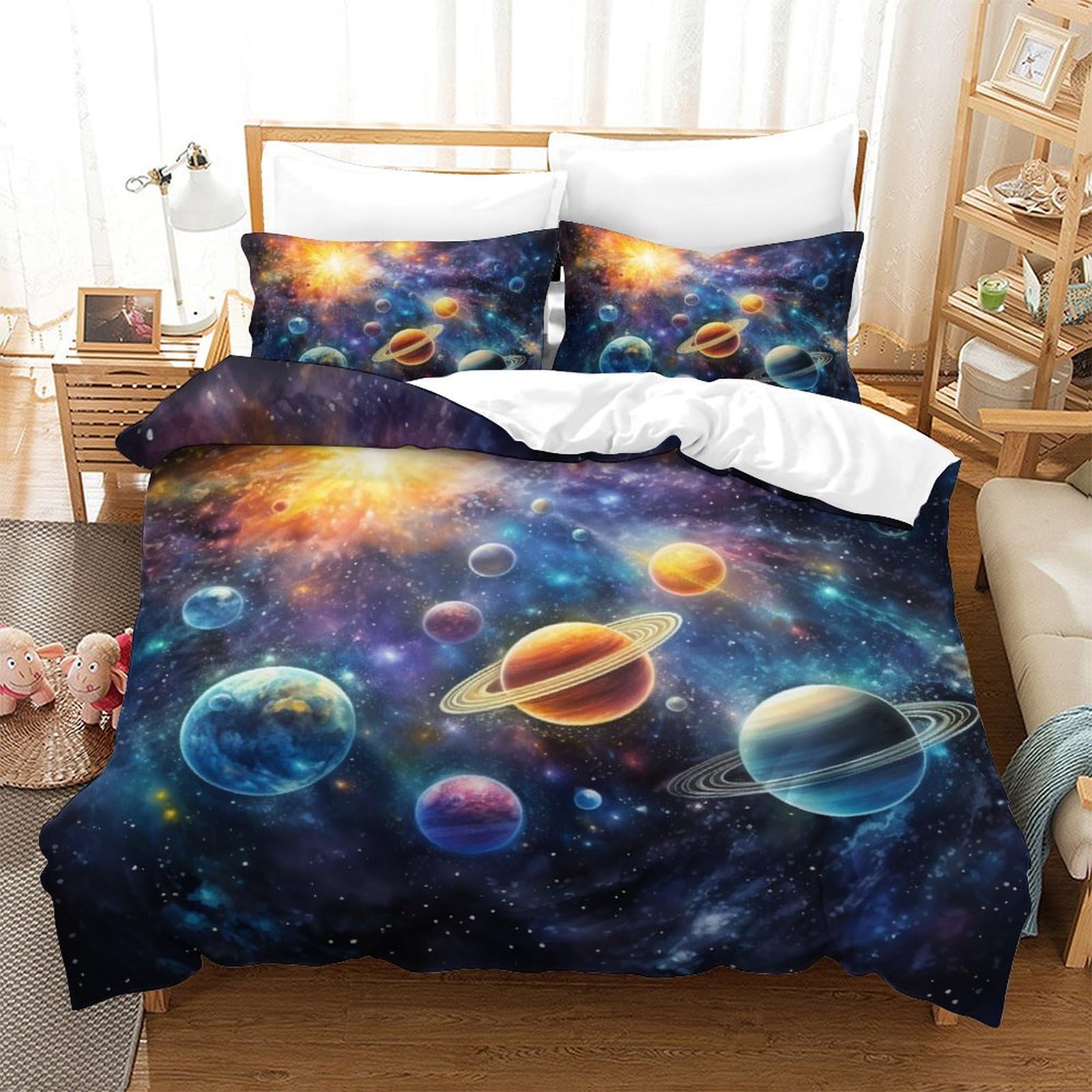 Parure de lit enfant et adulte Galaxie 3D avec fermeture éclair anti-glisse