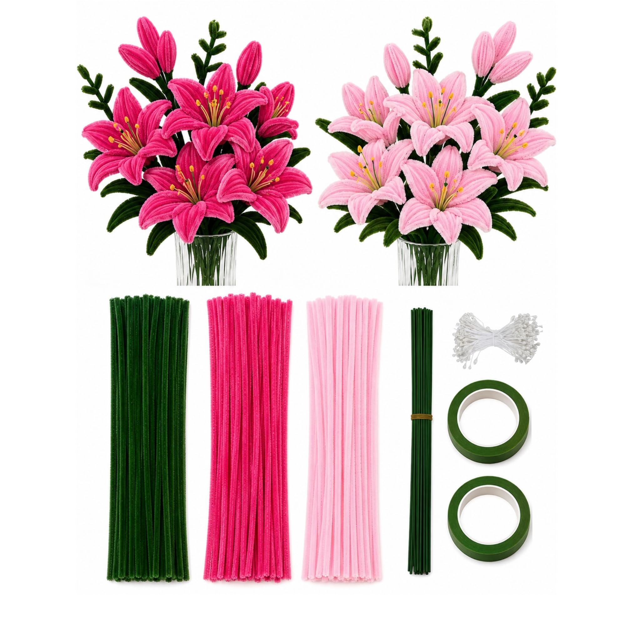 Pipe Cleaner Lily Flower Making Kit, 300 Pcs with Floral Stems (Pink) | DIY Craft Kit, Includes Floral Tape, Green, Pink Shades, Kids & Adults, 30 cm Stems-image-14