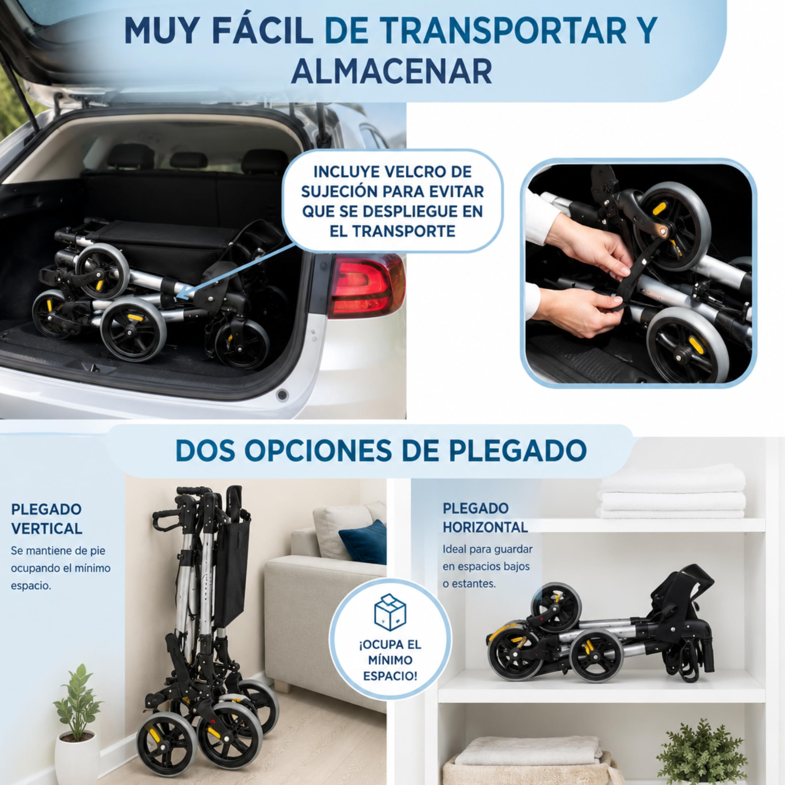 Andador MA08 plegable con asiento y respaldo, 4 Ruedas/Frenos/Saco de Compra y Porta Bastón, Altura Ajustable 83-96cm, Andador, Carro, Rollator para Ancianos MODELO MA08